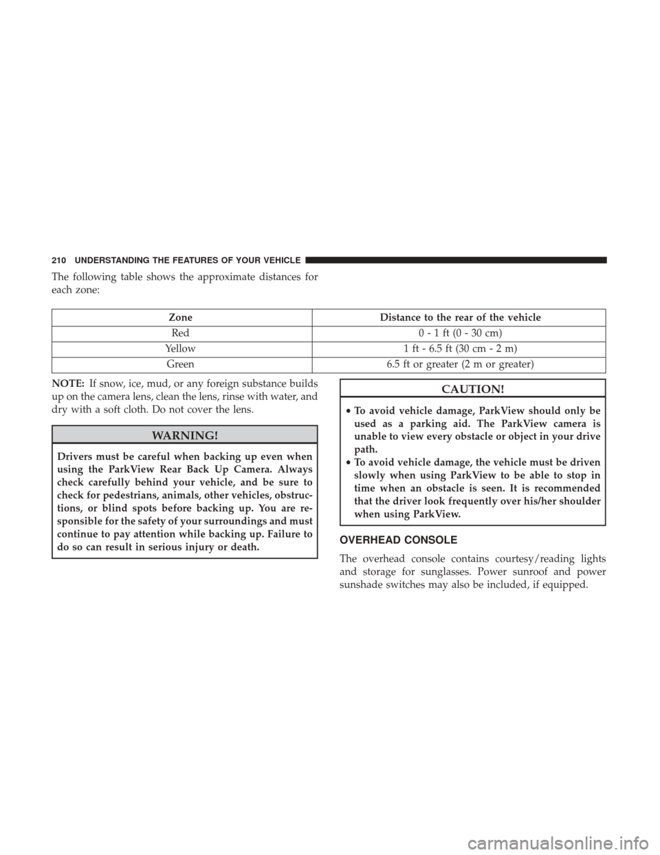 CHRYSLER 200 2017 2.G Owners Manual The following table shows the approximate distances for
each zone:
ZoneDistance to the rear of the vehicle
Red 0 - 1 ft (0 - 30 cm)
Yellow 1 ft - 6.5 ft (30 cm - 2 m)
Green 6.5 ft or greater (2 m or g