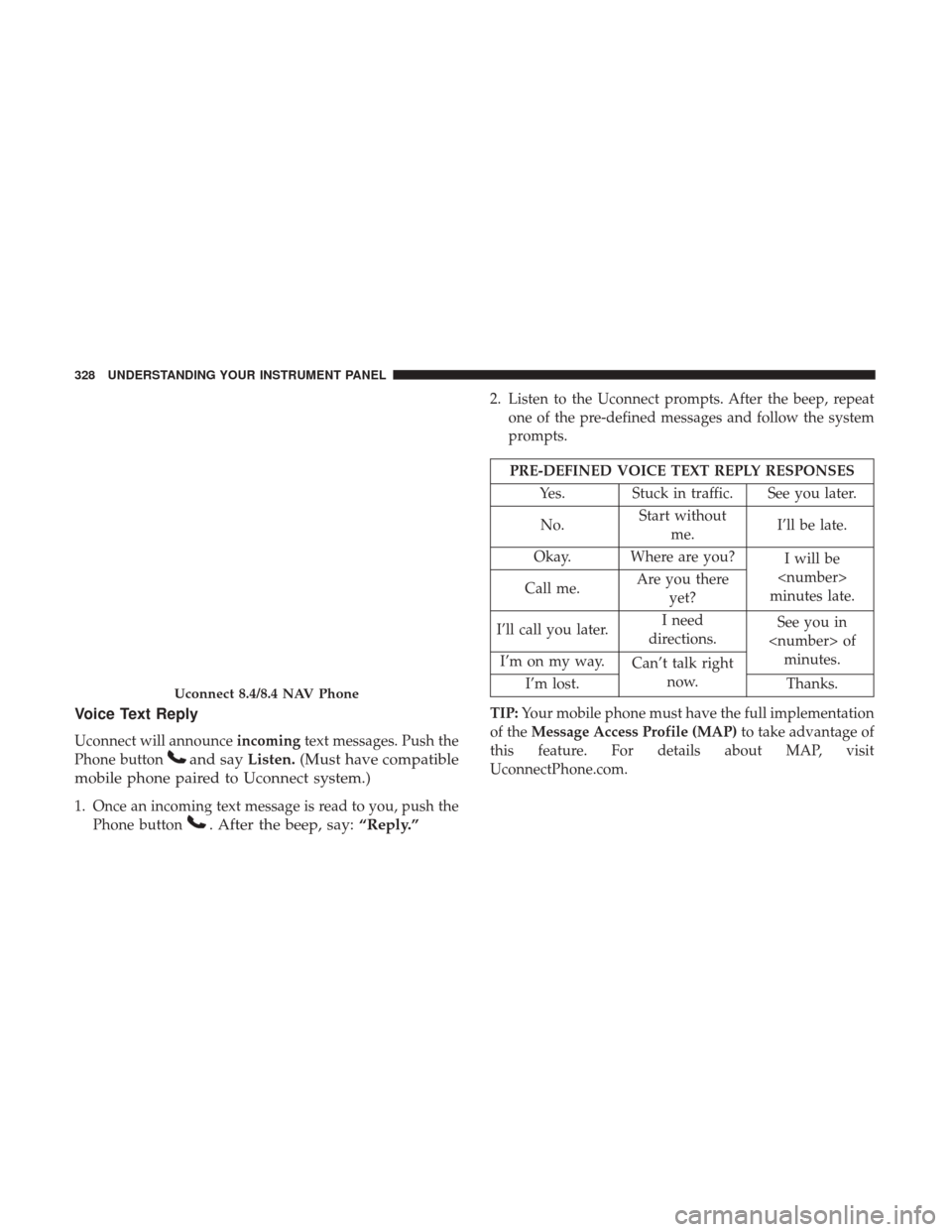 CHRYSLER 200 2017 2.G Owners Manual Voice Text Reply
Uconnect will announceincomingtext messages. Push the
Phone button
and say Listen.(Must have compatible
mobile phone paired to Uconnect system.)
1. Once an incoming text message is re