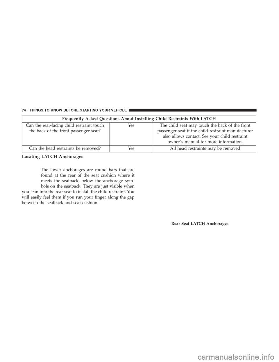 CHRYSLER 200 2017 2.G Manual PDF Frequently Asked Questions About Installing Child Restraints With LATCH
Can the rear-facing child restraint touch the back of the front passenger seat? Yes The child seat may touch the back of the fro CHRYSLER 200 2017 2.G Manual PDF Frequently Asked Questions About Installing Child Restraints With LATCH
Can the rear-facing child restraint touch the back of the front passenger seat? Yes The child seat may touch the back of the fro