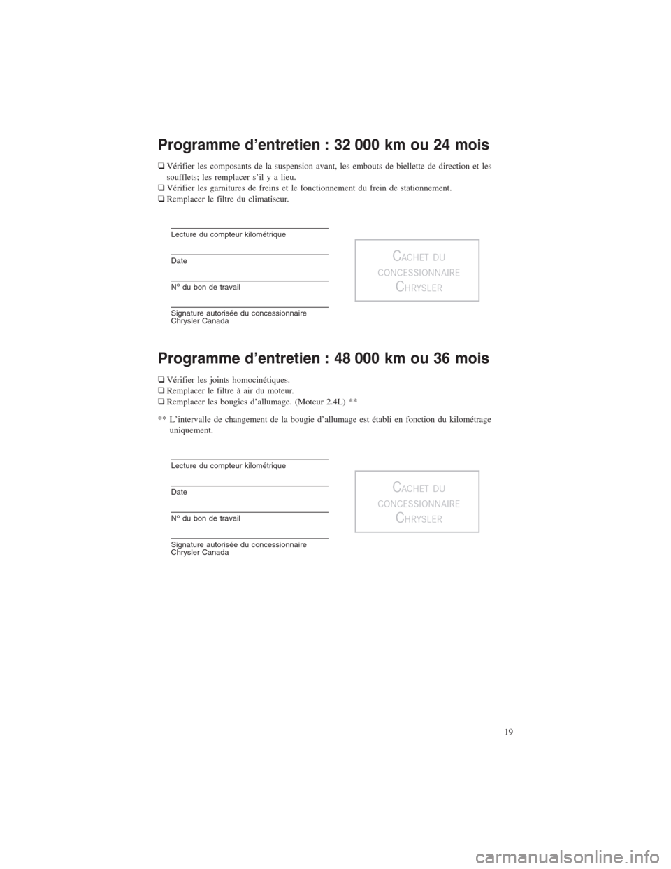 CHRYSLER 200 2014 1.G Warranty Booklet Programme d’entretien : 32 000 km ou 24 mois
❏Vérifier les composants de la suspension avant, les embouts de biellette de direction et les
soufflets; les remplacer s’il y a lieu.
❏Vérifier l CHRYSLER 200 2014 1.G Warranty Booklet Programme d’entretien : 32 000 km ou 24 mois
❏Vérifier les composants de la suspension avant, les embouts de biellette de direction et les
soufflets; les remplacer s’il y a lieu.
❏Vérifier l