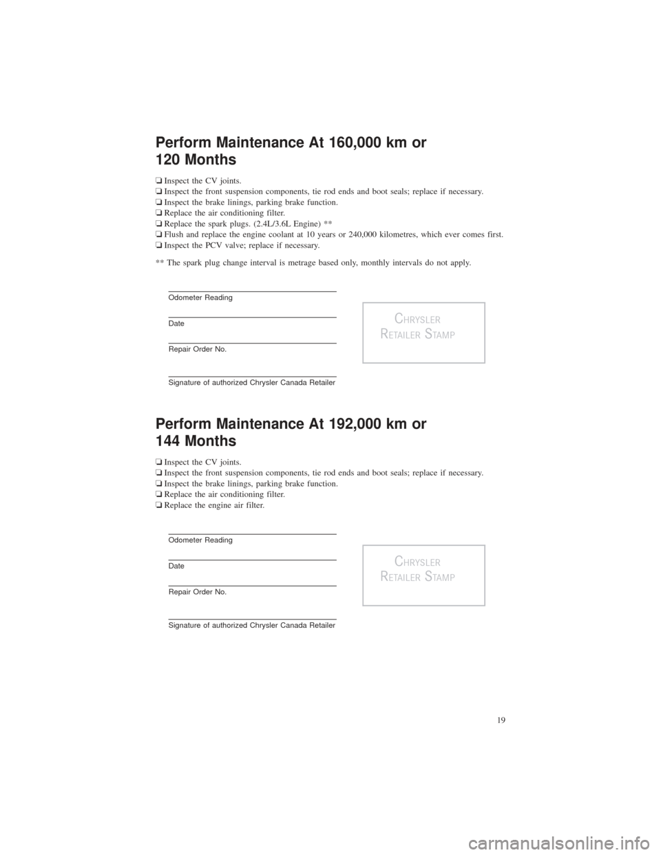 CHRYSLER 200 2015 2.G Warranty Booklet Perform Maintenance At 160,000 km or
120 Months
❏Inspect the CV joints.
❏ Inspect the front suspension components, tie rod ends and boot seals; replace if necessary.
❏ Inspect the brake linings, CHRYSLER 200 2015 2.G Warranty Booklet Perform Maintenance At 160,000 km or
120 Months
❏Inspect the CV joints.
❏ Inspect the front suspension components, tie rod ends and boot seals; replace if necessary.
❏ Inspect the brake linings,