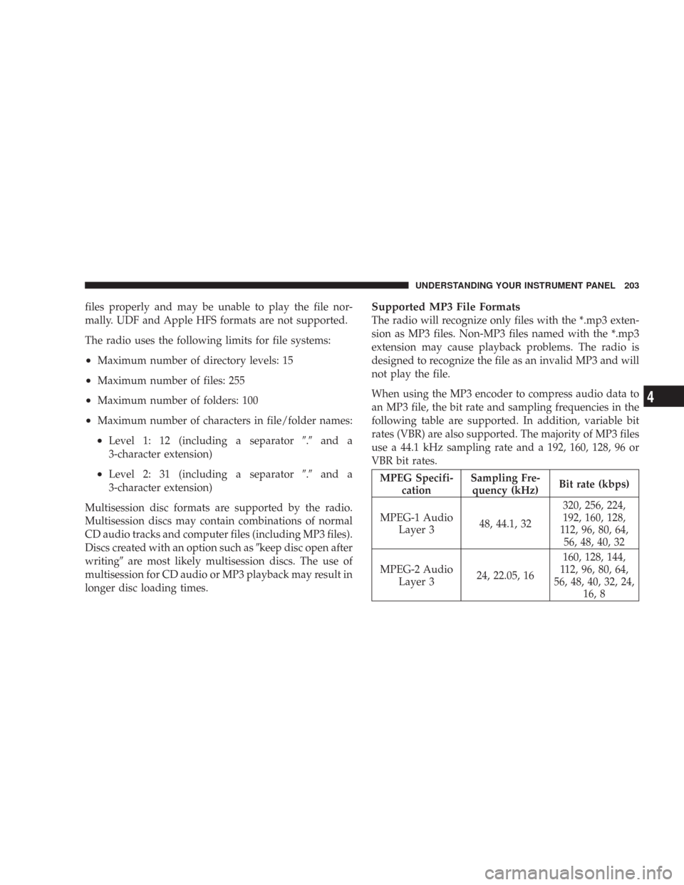 CHRYSLER 300 2007 1.G Owners Manual files properly and may be unable to play the file nor-
mally. UDF and Apple HFS formats are not supported.
The radio uses the following limits for file systems:
•Maximum number of directory levels: 