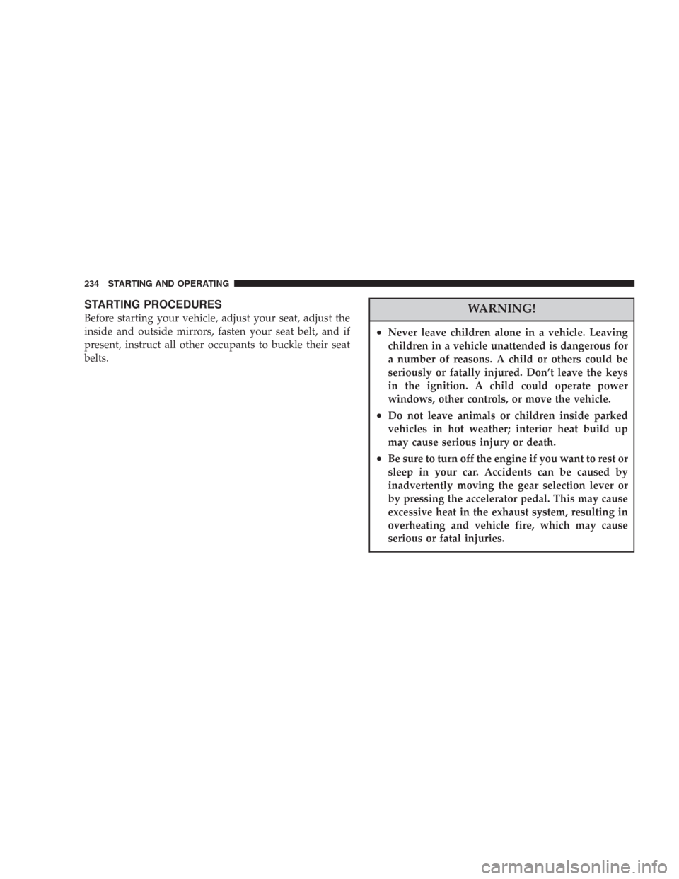 CHRYSLER 300 2007 1.G Owners Manual STARTING PROCEDURES
Before starting your vehicle, adjust your seat, adjust the
inside and outside mirrors, fasten your seat belt, and if
present, instruct all other occupants to buckle their seat
belt