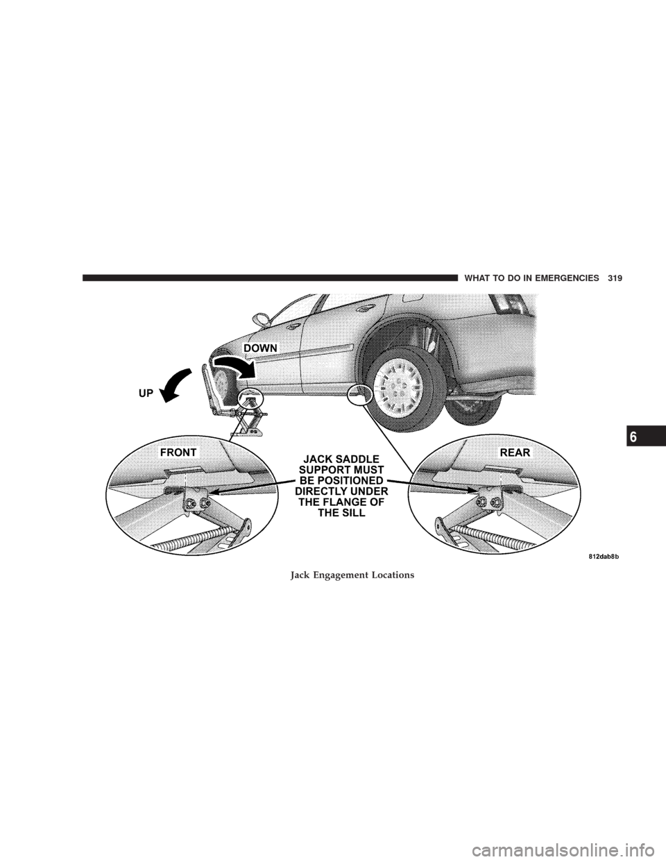 CHRYSLER 300 2007 1.G Owners Manual Jack Engagement Locations
WHAT TO DO IN EMERGENCIES 319
6 