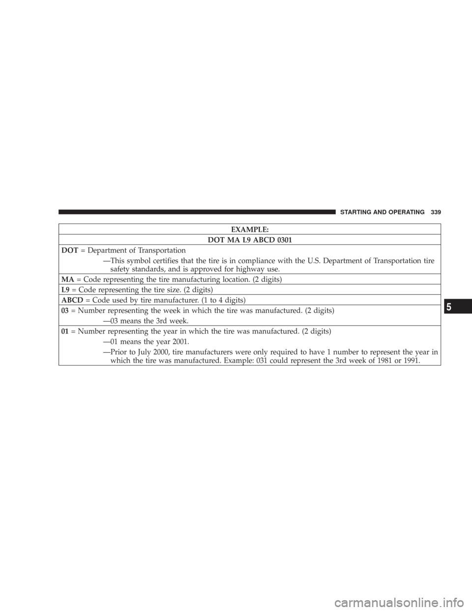 CHRYSLER 300 2008 1.G User Guide EXAMPLE:
DOT MA L9 ABCD 0301
DOT= Department of Transportation
—This symbol certifies that the tire is in compliance with the U.S. Department of Transportation tire
safety standards, and is approved