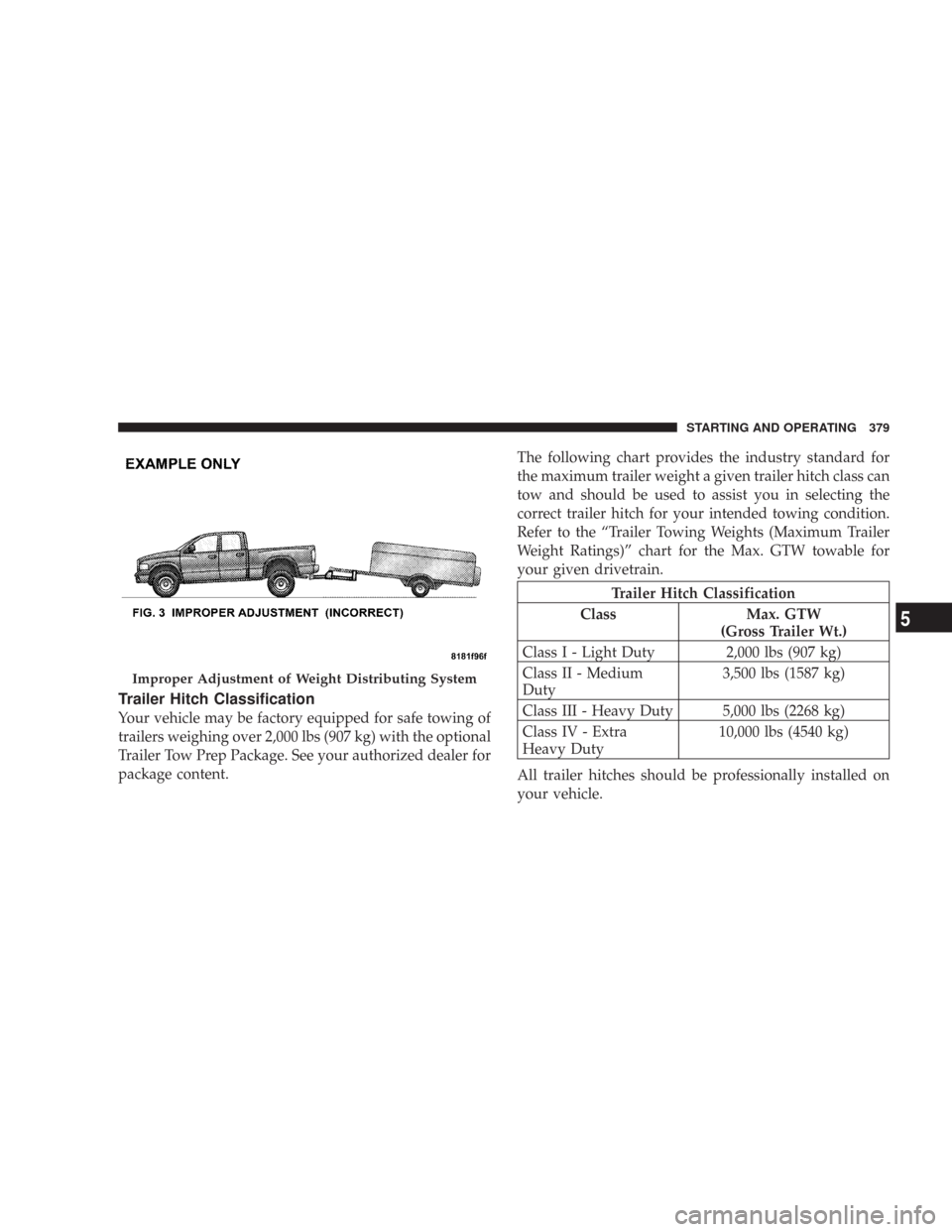 CHRYSLER 300 2008 1.G Owners Manual Trailer Hitch Classification
Your vehicle may be factory equipped for safe towing of
trailers weighing over 2,000 lbs (907 kg) with the optional
Trailer Tow Prep Package. See your authorized dealer fo