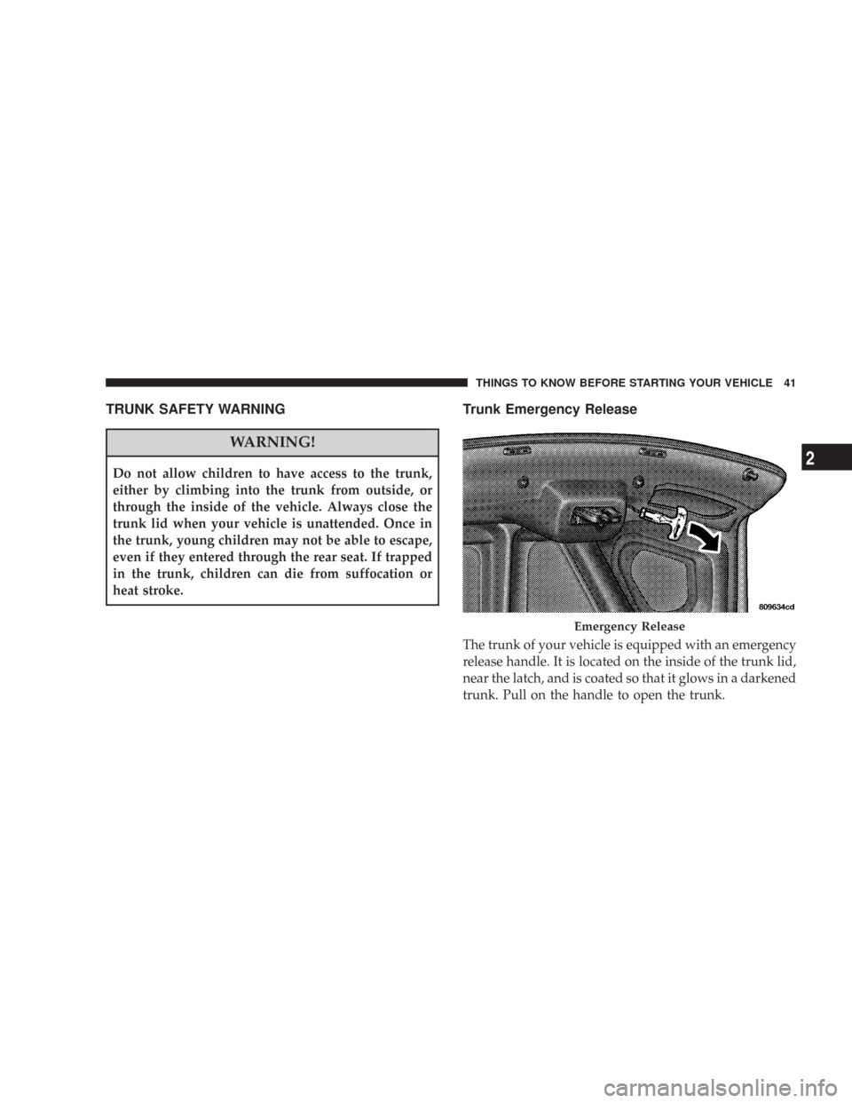 CHRYSLER 300 2008 1.G Service Manual TRUNK SAFETY WARNING
WARNING!
Do not allow children to have access to the trunk,
either by climbing into the trunk from outside, or
through the inside of the vehicle. Always close the
trunk lid when y