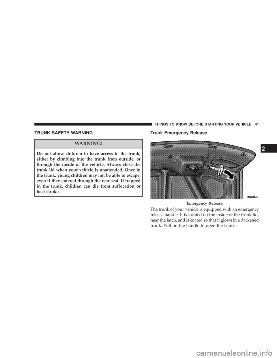 CHRYSLER 300 2008 1.G Owners Manual TRUNK SAFETY WARNING
WARNING!
Do not allow children to have access to the trunk,
either by climbing into the trunk from outside, or
through the inside of the vehicle. Always close the
trunk lid when y