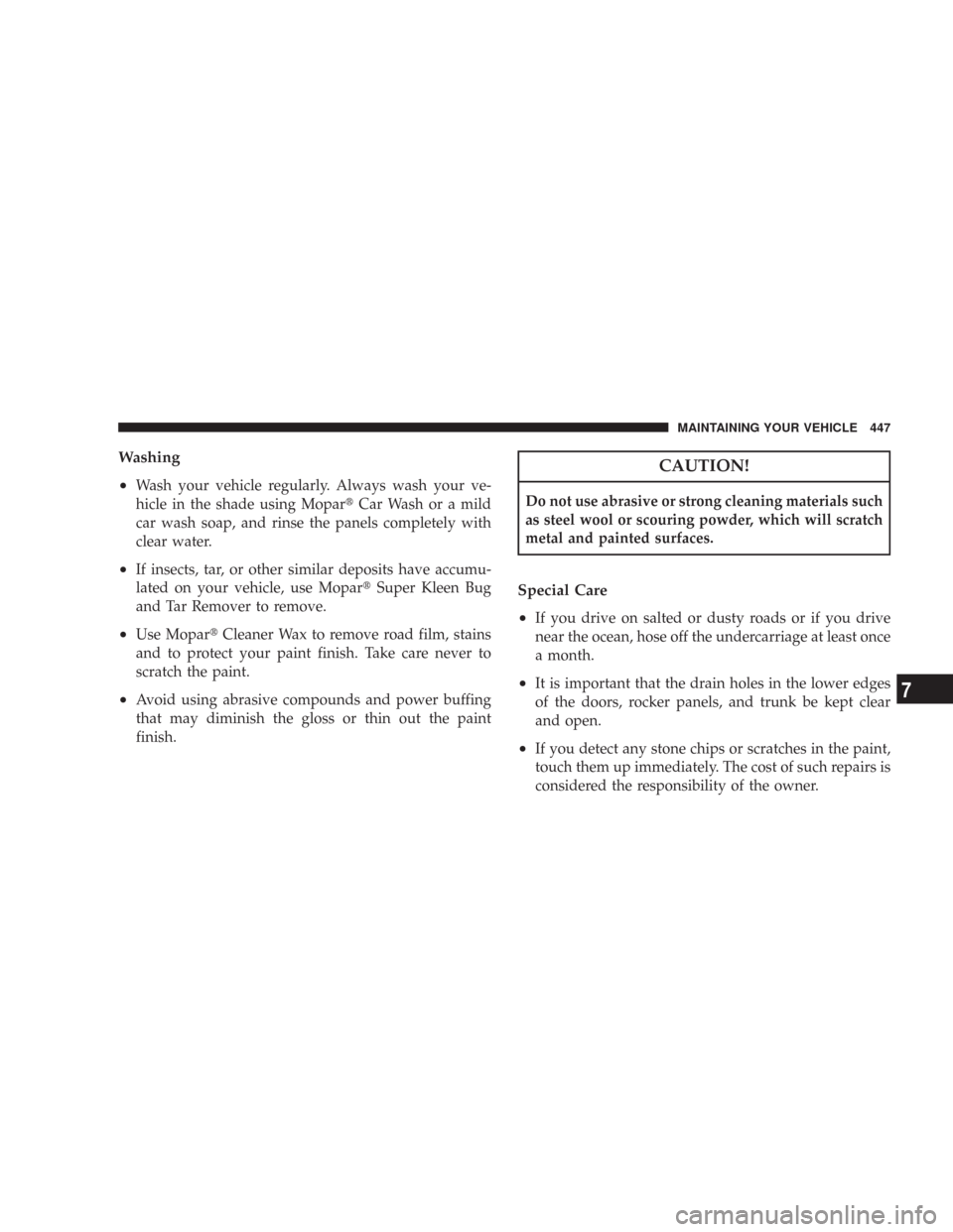 CHRYSLER 300 2008 1.G Owners Manual Washing
•
Wash your vehicle regularly. Always wash your ve-
hicle in the shade using MoparCar Wash or a mild
car wash soap, and rinse the panels completely with
clear water.
•If insects, tar, or 