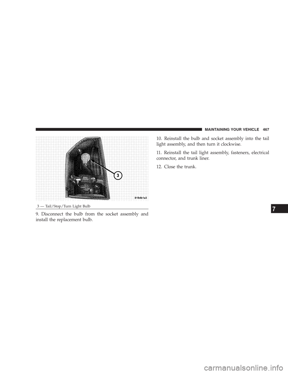 CHRYSLER 300 2008 1.G Owners Manual 9. Disconnect the bulb from the socket assembly and
install the replacement bulb.10. Reinstall the bulb and socket assembly into the tail
light assembly, and then turn it clockwise.
11. Reinstall the 