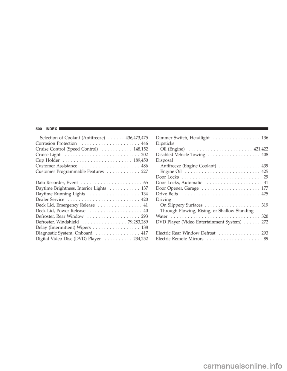 CHRYSLER 300 2008 1.G Owners Manual Selection of Coolant (Antifreeze)......436,473,475
Corrosion Protection..................... 446
Cruise Control (Speed Control)...........148,152
Cruise Light........................... 202
Cup Holder