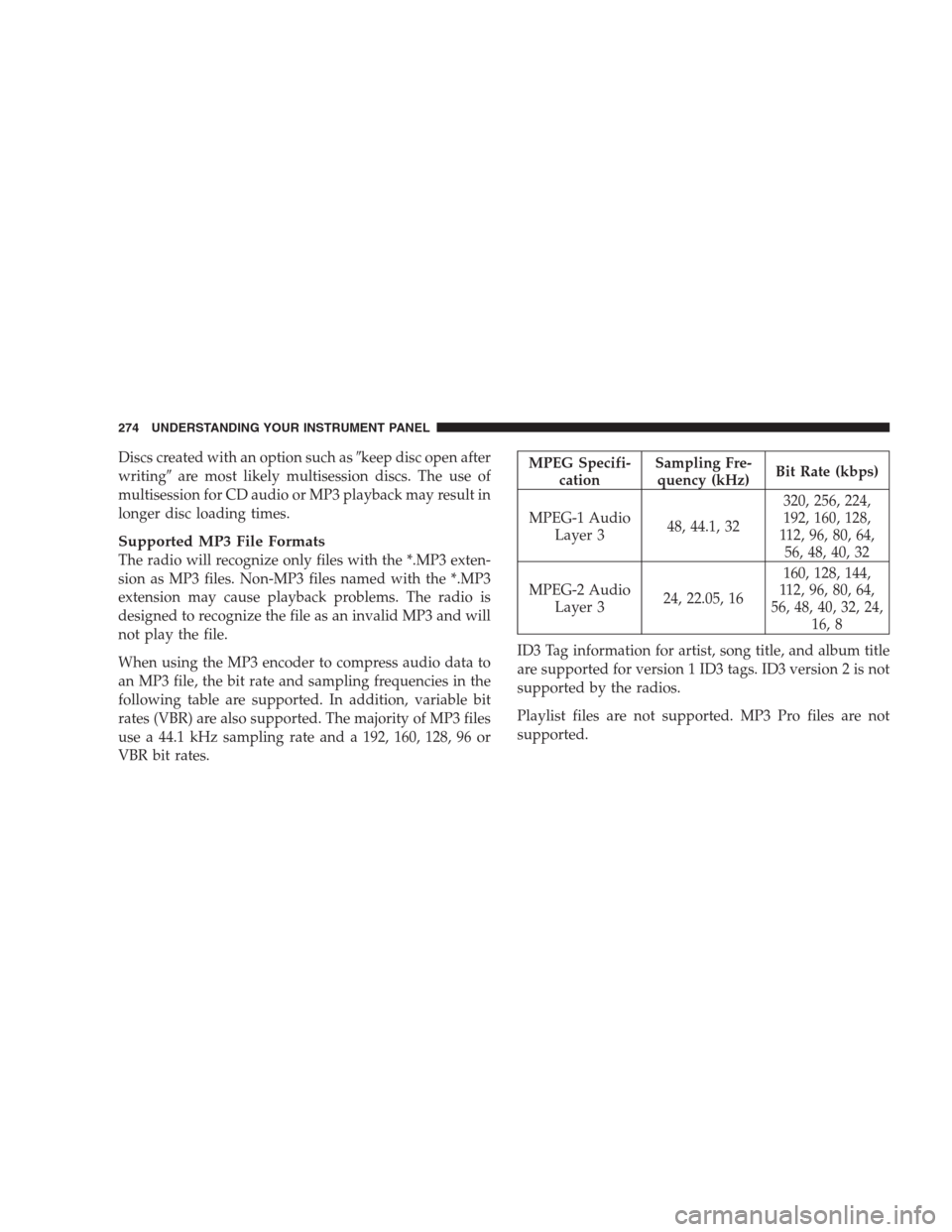 CHRYSLER 300 2009 1.G Owners Manual Discs created with an option such askeep disc open after
writingare most likely multisession discs. The use of
multisession for CD audio or MP3 playback may result in
longer disc loading times.
Supp