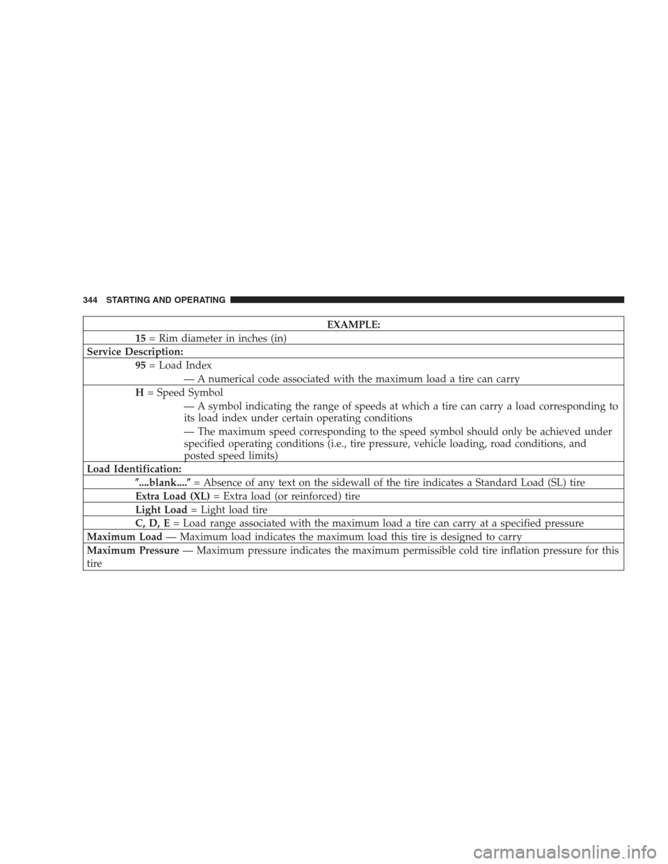 CHRYSLER 300 2009 1.G Owners Manual EXAMPLE:
15= Rim diameter in inches (in)
Service Description:
95= Load Index
— A numerical code associated with the maximum load a tire can carry
H= Speed Symbol
— A symbol indicating the range of CHRYSLER 300 2009 1.G Owners Manual EXAMPLE:
15= Rim diameter in inches (in)
Service Description:
95= Load Index
— A numerical code associated with the maximum load a tire can carry
H= Speed Symbol
— A symbol indicating the range of
