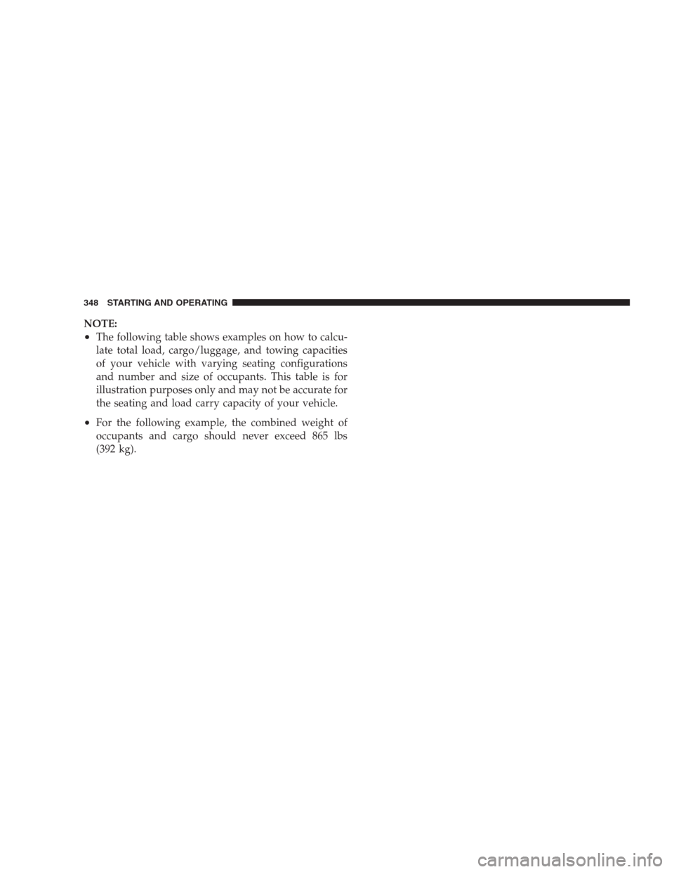 CHRYSLER 300 2009 1.G Owners Manual NOTE:
•The following table shows examples on how to calcu-
late total load, cargo/luggage, and towing capacities
of your vehicle with varying seating configurations
and number and size of occupants. CHRYSLER 300 2009 1.G Owners Manual NOTE:
•The following table shows examples on how to calcu-
late total load, cargo/luggage, and towing capacities
of your vehicle with varying seating configurations
and number and size of occupants.