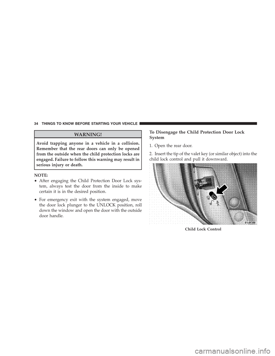 CHRYSLER 300 2009 1.G Owners Guide WARNING!
Avoid trapping anyone in a vehicle in a collision.
Remember that the rear doors can only be opened
from the outside when the child protection locks are
engaged. Failure to follow this warning CHRYSLER 300 2009 1.G Owners Guide WARNING!
Avoid trapping anyone in a vehicle in a collision.
Remember that the rear doors can only be opened
from the outside when the child protection locks are
engaged. Failure to follow this warning