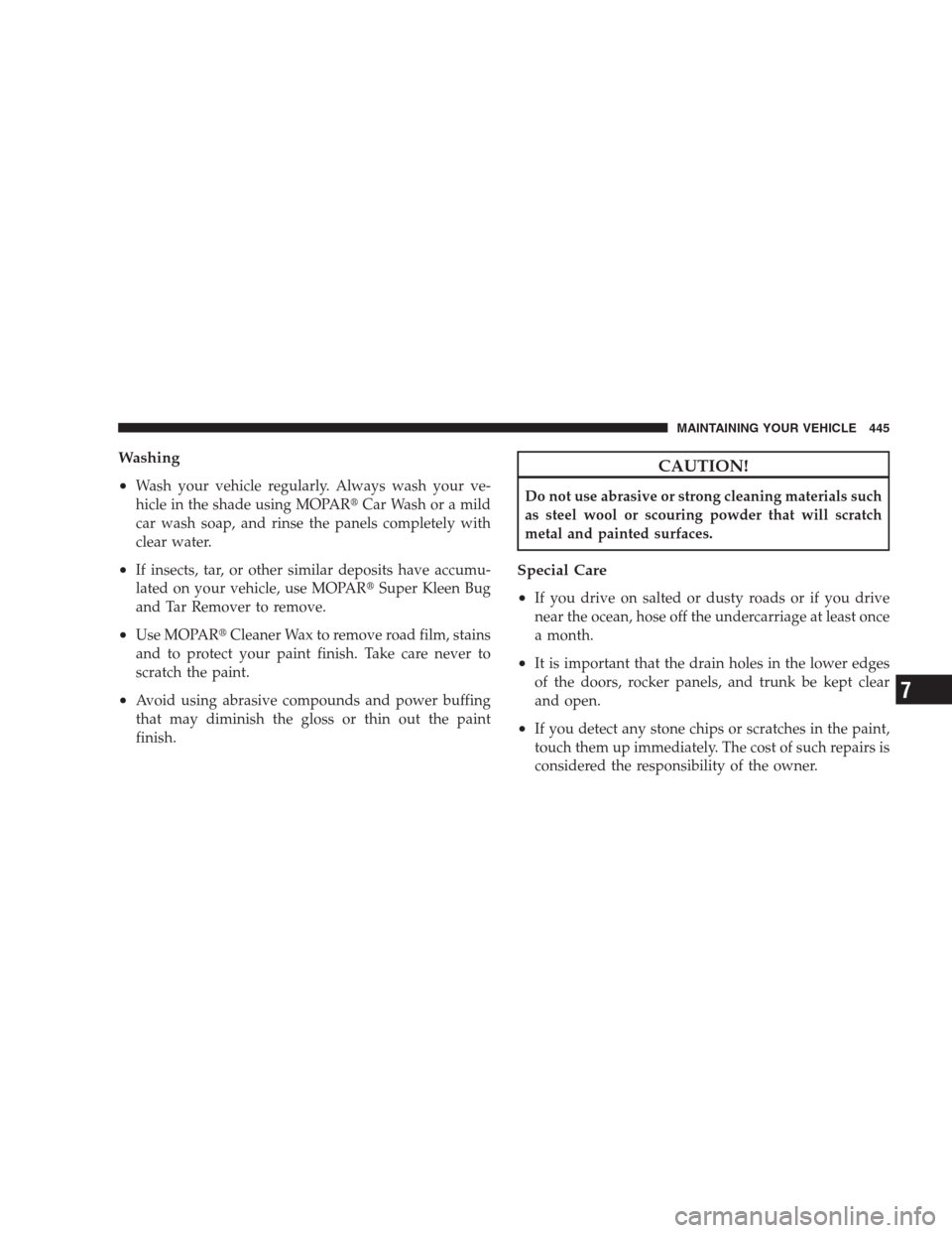 CHRYSLER 300 2009 1.G Owners Manual Washing
•
Wash your vehicle regularly. Always wash your ve-
hicle in the shade using MOPARCar Wash or a mild
car wash soap, and rinse the panels completely with
clear water.
•If insects, tar, or 