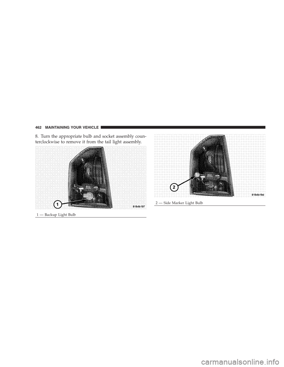 CHRYSLER 300 2009 1.G Owners Manual 8. Turn the appropriate bulb and socket assembly coun-
terclockwise to remove it from the tail light assembly.
1 — Backup Light Bulb
2 — Side Marker Light Bulb 462 MAINTAINING YOUR VEHICLE 