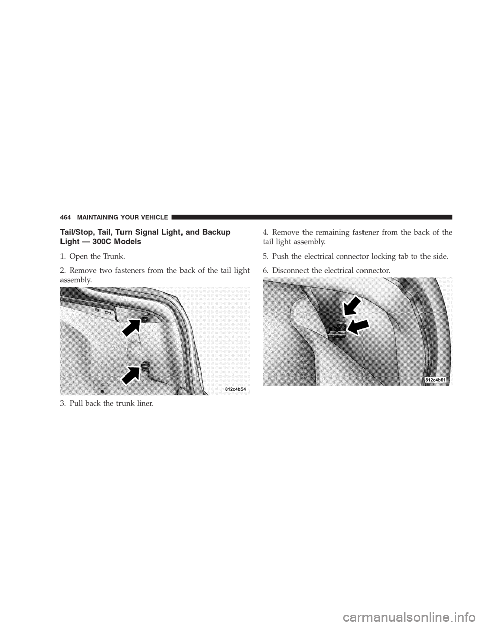 CHRYSLER 300 2009 1.G Owners Manual Tail/Stop, Tail, Turn Signal Light, and Backup
Light — 300C Models
1. Open the Trunk.
2. Remove two fasteners from the back of the tail light
assembly.
3. Pull back the trunk liner.4. Remove the rem