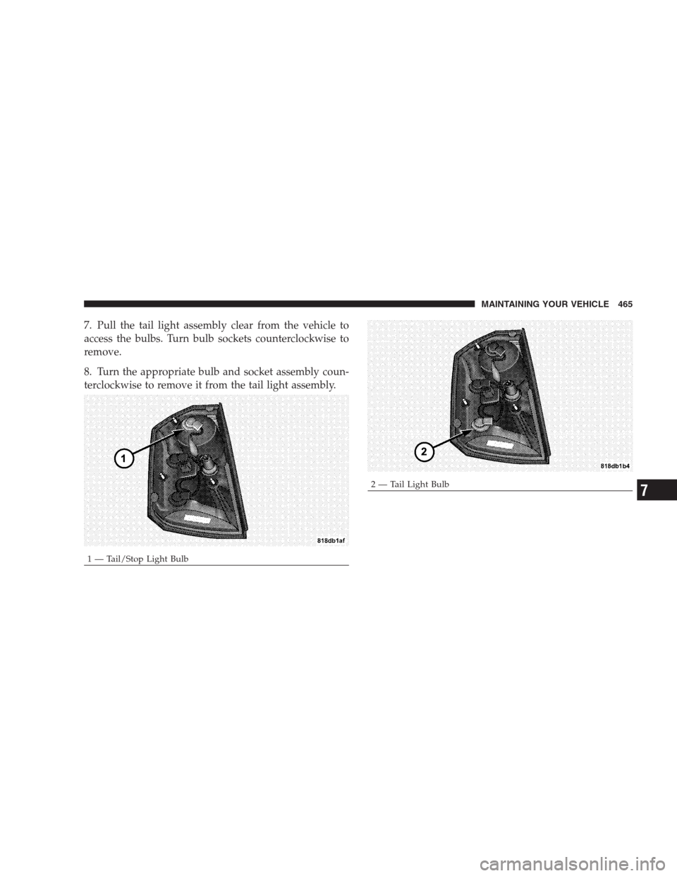 CHRYSLER 300 2009 1.G Owners Manual 7. Pull the tail light assembly clear from the vehicle to
access the bulbs. Turn bulb sockets counterclockwise to
remove.
8. Turn the appropriate bulb and socket assembly coun-
terclockwise to remove 