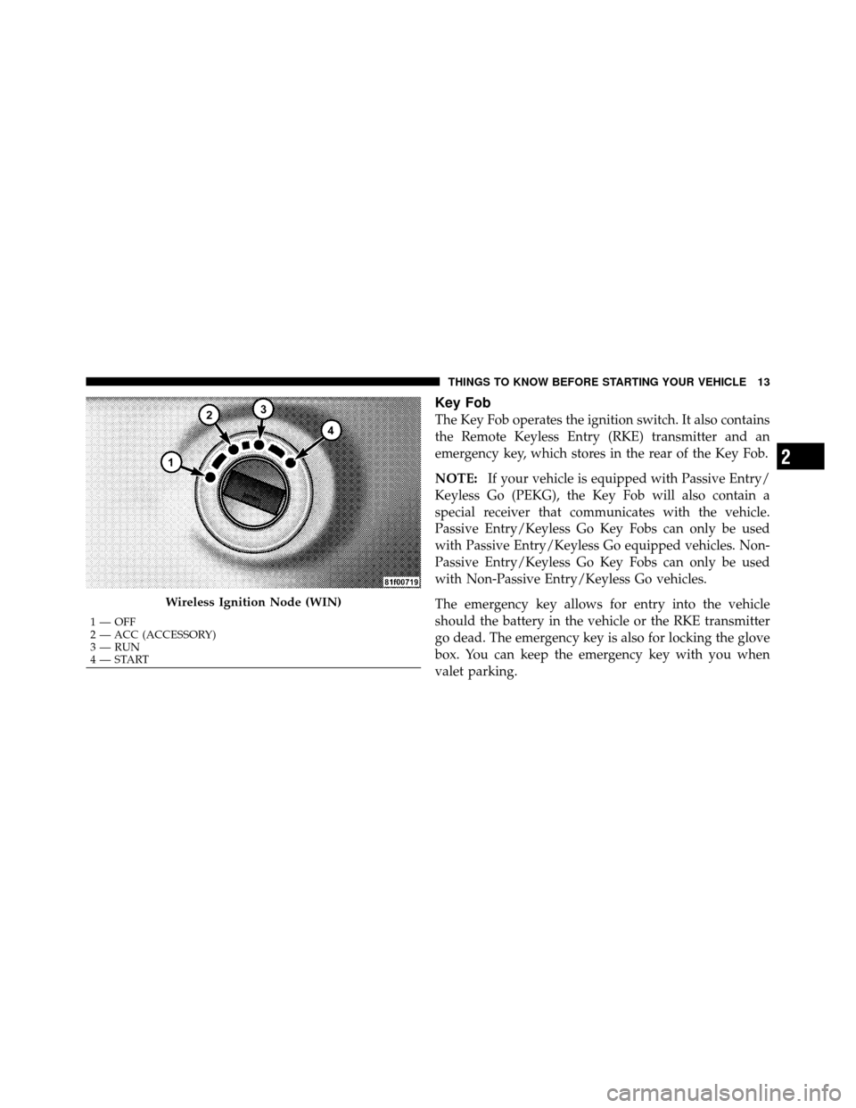 CHRYSLER 300 2010 1.G Owners Manual Key Fob
The Key Fob operates the ignition switch. It also contains
the Remote Keyless Entry (RKE) transmitter and an
emergency key, which stores in the rear of the Key Fob.
NOTE:If your vehicle is equ