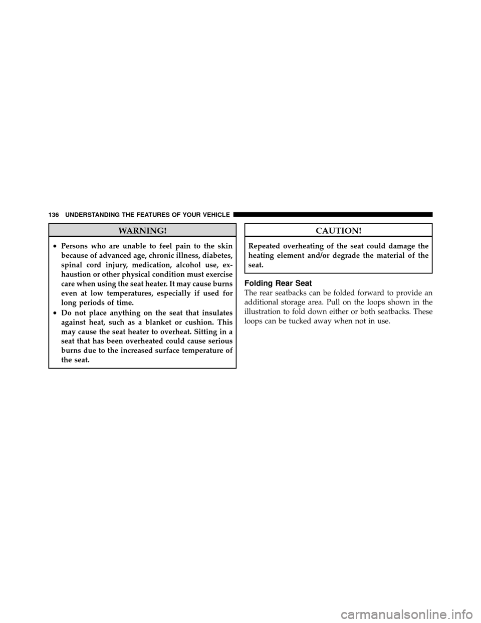 CHRYSLER 300 2010 1.G Owners Manual WARNING!
•Persons who are unable to feel pain to the skin
because of advanced age, chronic illness, diabetes,
spinal cord injury, medication, alcohol use, ex-
haustion or other physical condition mu