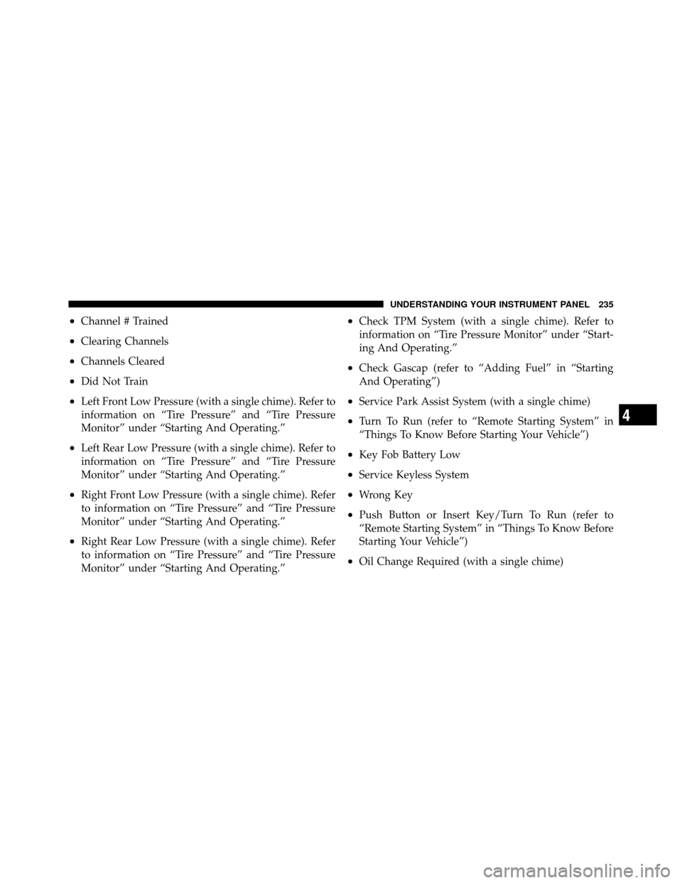 CHRYSLER 300 2010 1.G Owners Manual •Channel # Trained
•Clearing Channels
•Channels Cleared
•Did Not Train
•Left Front Low Pressure (with a single chime). Refer to
information on “Tire Pressure” and “Tire Pressure
Monito