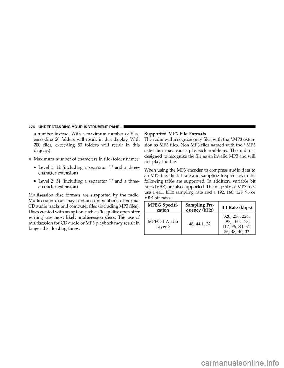 CHRYSLER 300 2010 1.G Owners Manual a number instead. With a maximum number of files,
exceeding 20 folders will result in this display. With
200 files, exceeding 50 folders will result in this
display.)
•Maximum number of characters i