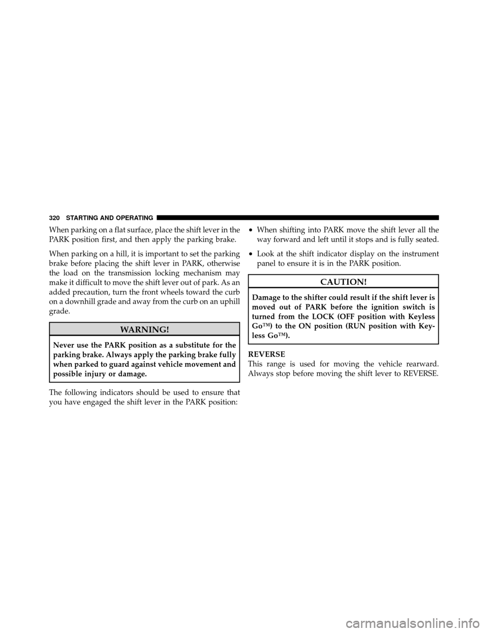 CHRYSLER 300 2010 1.G Owners Manual When parking on a flat surface, place the shift lever in the
PARK position first, and then apply the parking brake.
When parking on a hill, it is important to set the parking
brake before placing the 