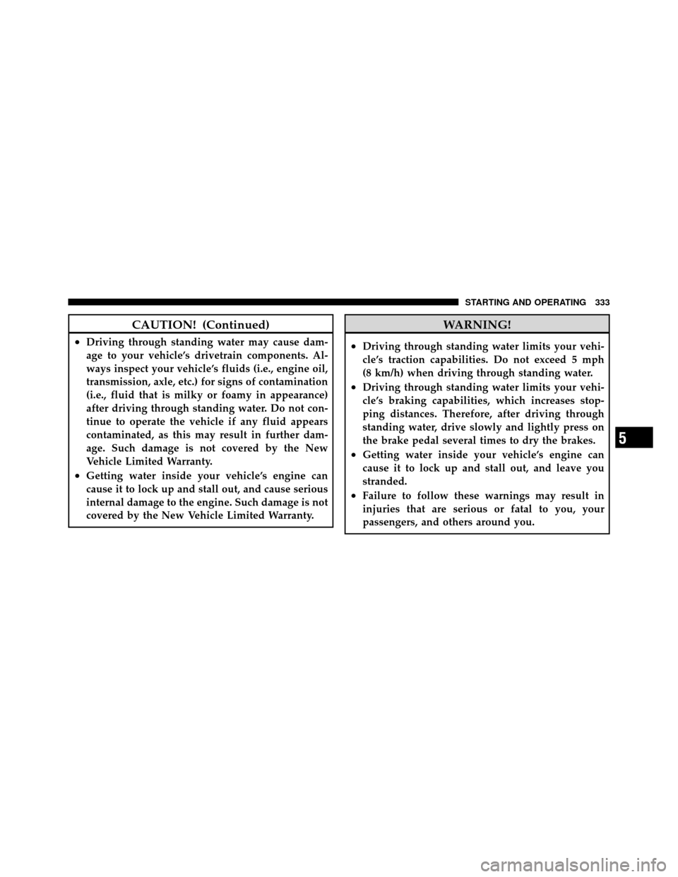 CHRYSLER 300 2010 1.G Owners Manual CAUTION! (Continued)
•Driving through standing water may cause dam-
age to your vehicle’s drivetrain components. Al-
ways inspect your vehicle’s fluids (i.e., engine oil,
transmission, axle, etc CHRYSLER 300 2010 1.G Owners Manual CAUTION! (Continued)
•Driving through standing water may cause dam-
age to your vehicle’s drivetrain components. Al-
ways inspect your vehicle’s fluids (i.e., engine oil,
transmission, axle, etc