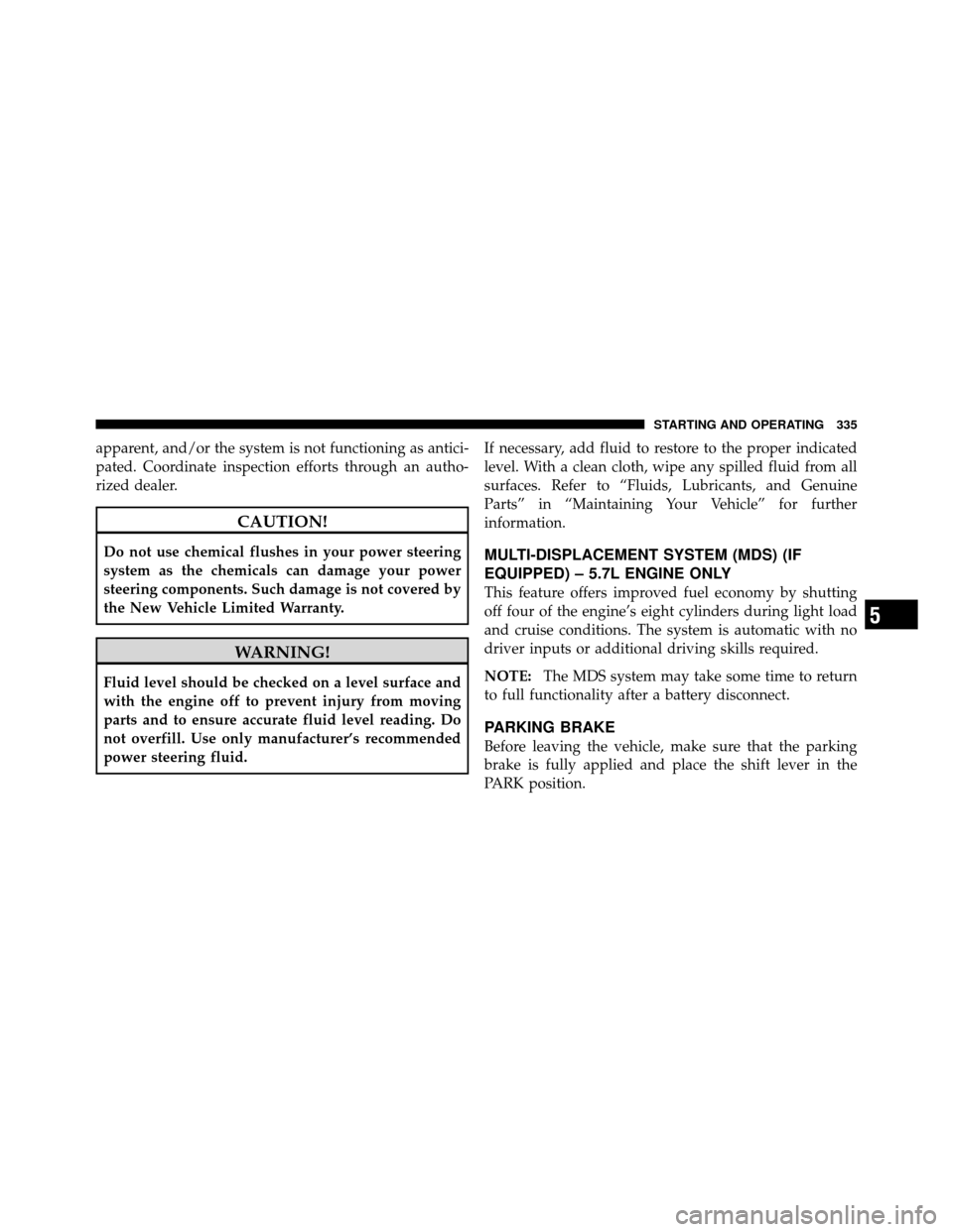 CHRYSLER 300 2010 1.G Owners Manual apparent, and/or the system is not functioning as antici-
pated. Coordinate inspection efforts through an autho-
rized dealer.
CAUTION!
Do not use chemical flushes in your power steering
system as the CHRYSLER 300 2010 1.G Owners Manual apparent, and/or the system is not functioning as antici-
pated. Coordinate inspection efforts through an autho-
rized dealer.
CAUTION!
Do not use chemical flushes in your power steering
system as the