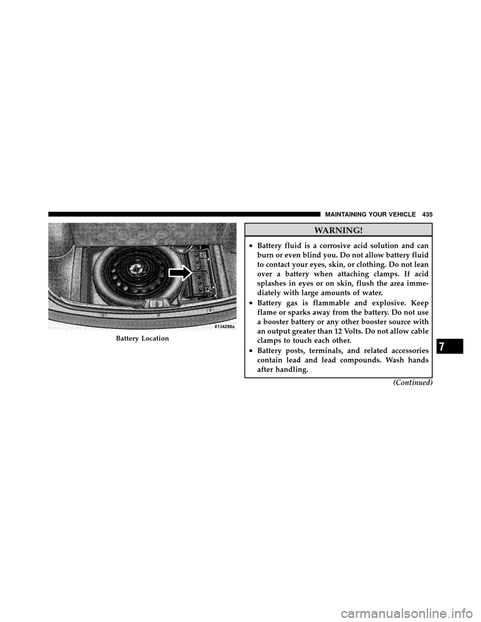 CHRYSLER 300 2010 1.G Owners Manual WARNING!
•Battery fluid is a corrosive acid solution and can
burn or even blind you. Do not allow battery fluid
to contact your eyes, skin, or clothing. Do not lean
over a battery when attaching cla