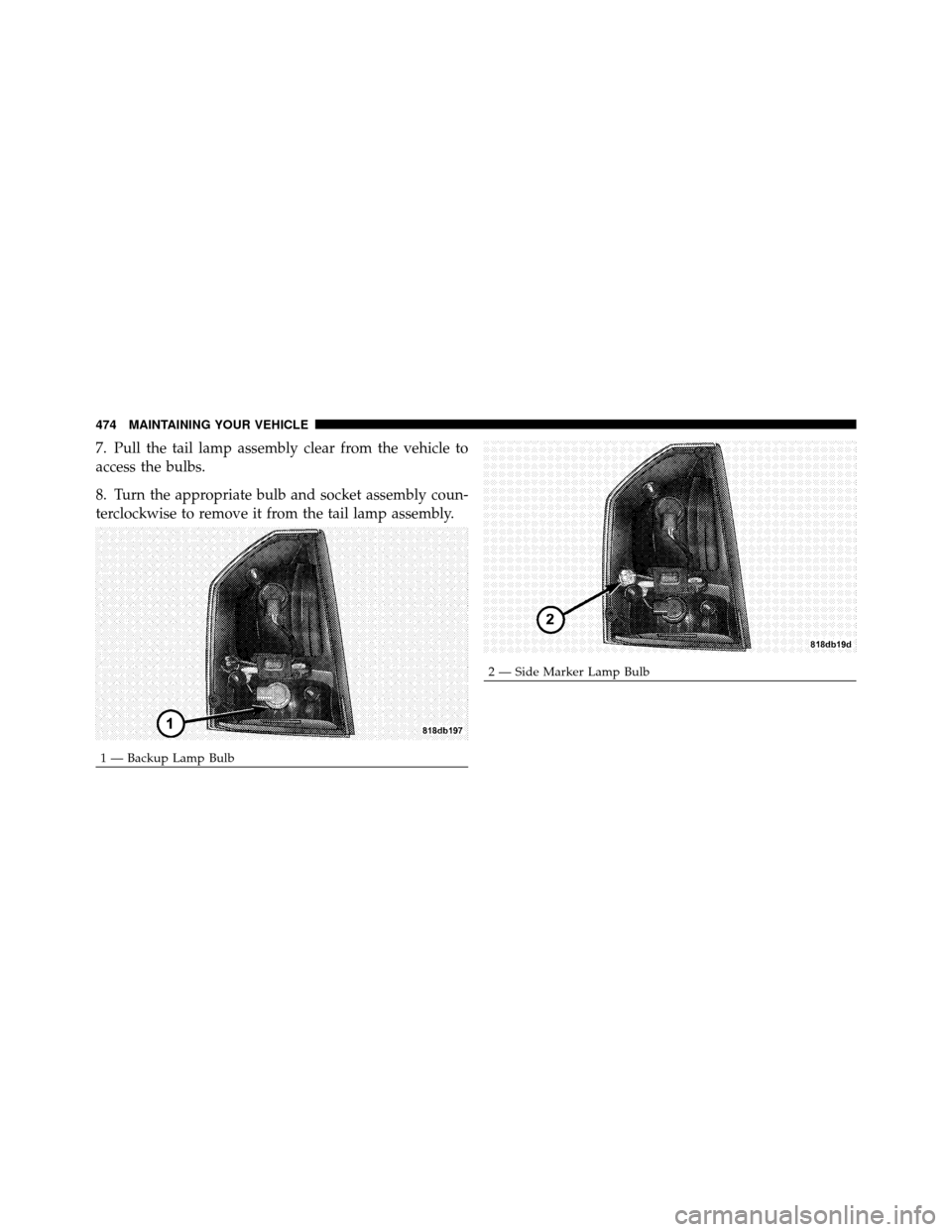 CHRYSLER 300 2010 1.G Owners Manual 7. Pull the tail lamp assembly clear from the vehicle to
access the bulbs.
8. Turn the appropriate bulb and socket assembly coun-
terclockwise to remove it from the tail lamp assembly.
1 — Backup La