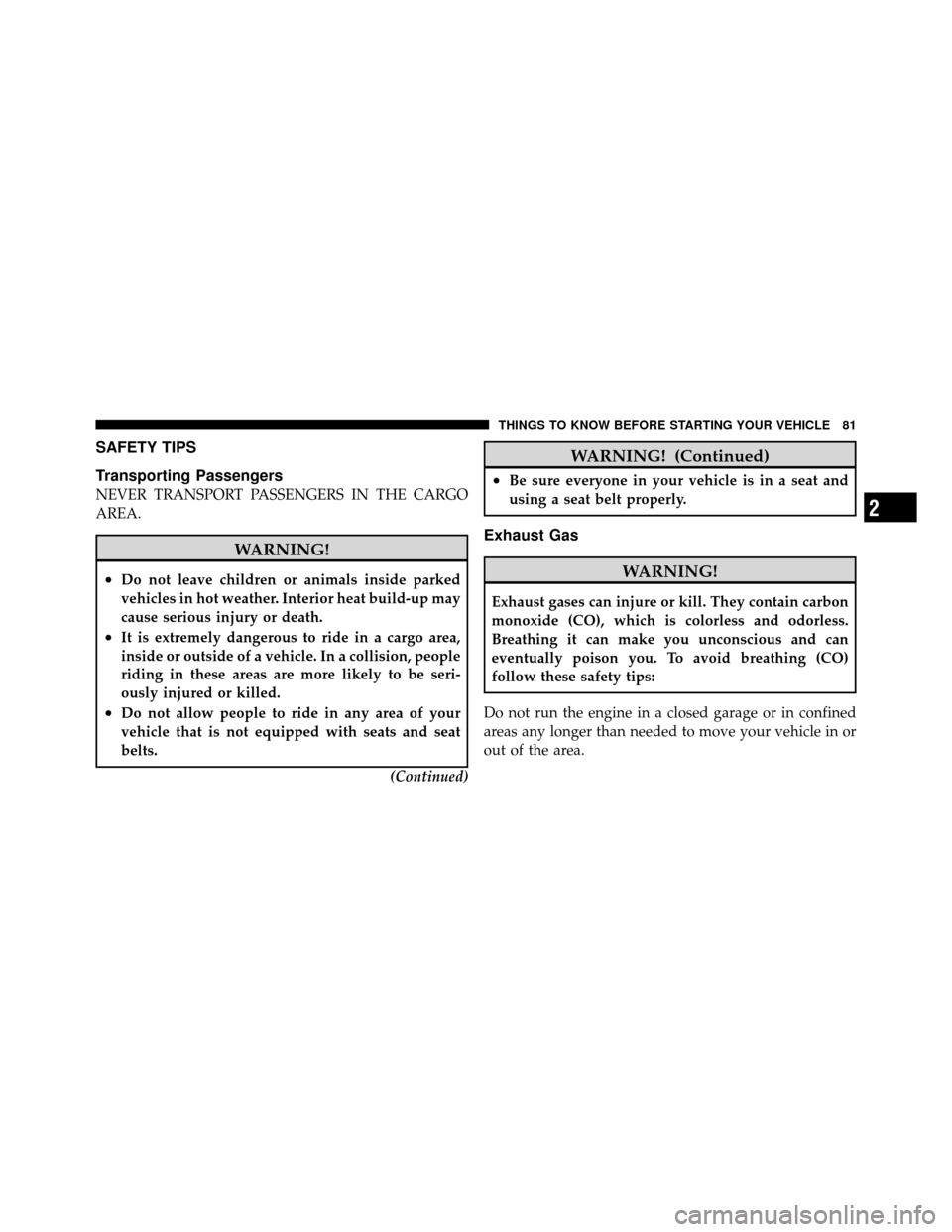 CHRYSLER 300 2010 1.G Manual Online SAFETY TIPS
Transporting Passengers
NEVER TRANSPORT PASSENGERS IN THE CARGO
AREA.
WARNING!
•Do not leave children or animals inside parked
vehicles in hot weather. Interior heat build-up may
cause s