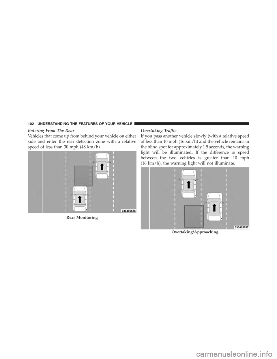 CHRYSLER 300 2011 2.G Owners Manual Entering From The Rear
Vehicles that come up from behind your vehicle on either
side and enter the rear detection zone with a relative
speed of less than 30 mph (48 km/h).Overtaking Traffic
If you pas