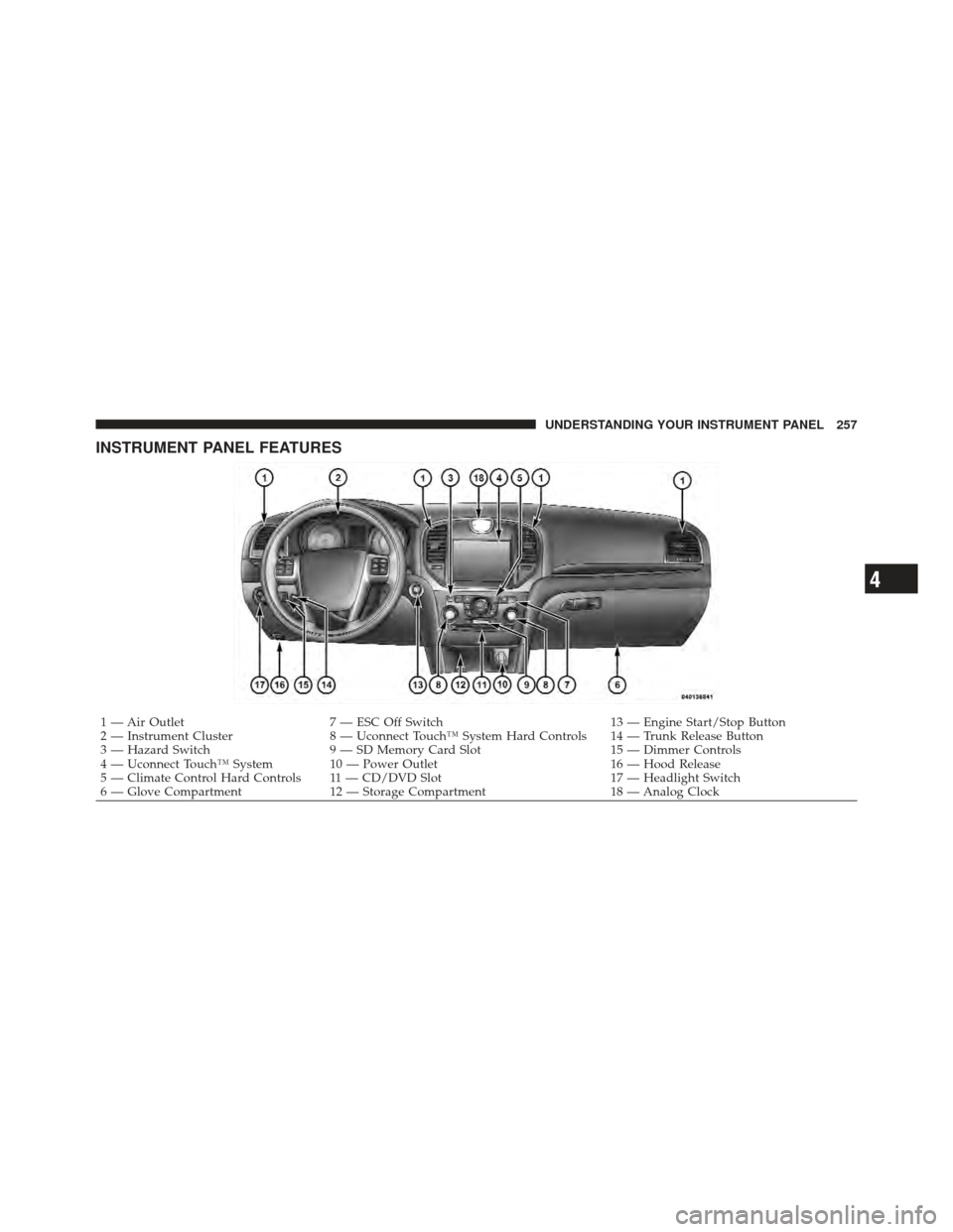 CHRYSLER 300 2011 2.G Owners Manual INSTRUMENT PANEL FEATURES
1 — Air Outlet7 — ESC Off Switch 13 — Engine Start/Stop Button
2 — Instrument Cluster 8 — Uconnect Touch™ System Hard Controls 14 — Trunk Release Button
3 — H