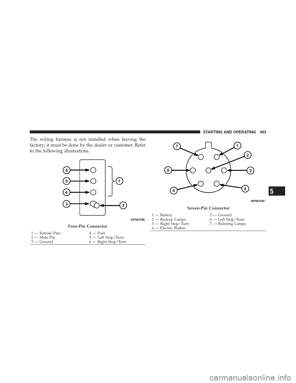 CHRYSLER 300 2011 2.G Owners Manual The wiring harness is not installed when leaving the
factory; it must be done by the dealer or customer. Refer
to the following illustrations.
Four-Pin Connector
1 — Female Pins4 — Park
2 — Male