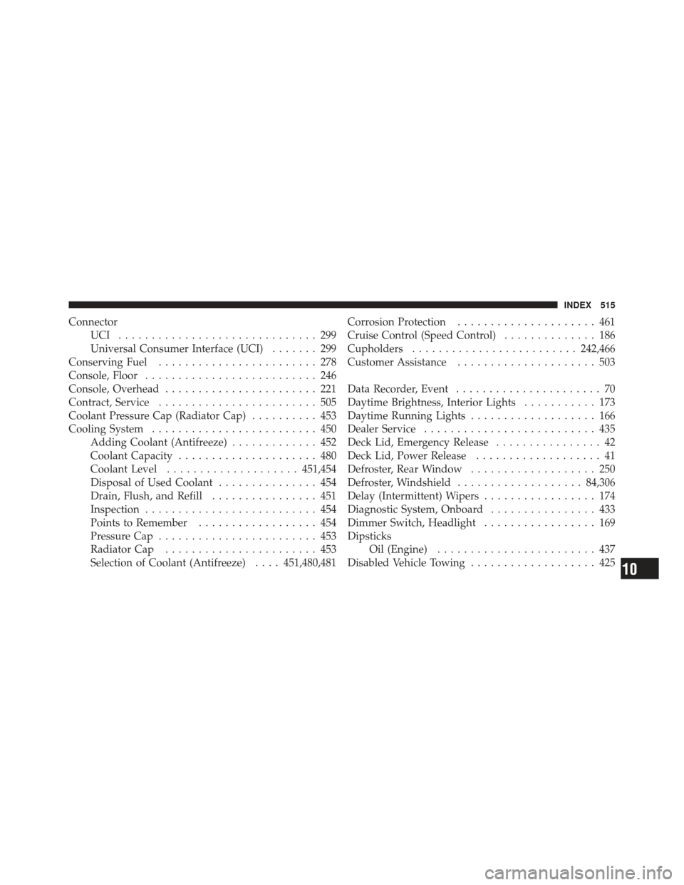 CHRYSLER 300 2011 2.G Owners Guide ConnectorUCI .............................. 299
Universal Consumer Interface (UCI) ....... 299
Conserving Fuel ........................ 278
Console, Floor .......................... 246
Console, Overh