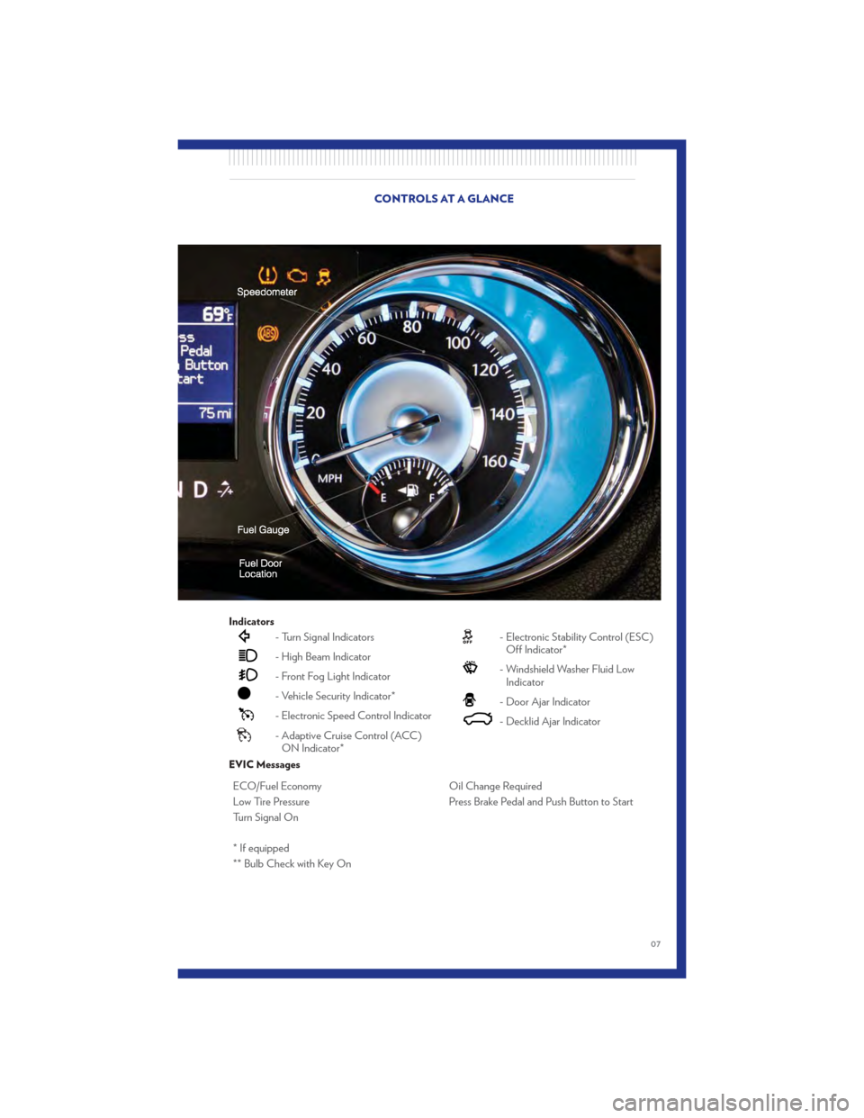 CHRYSLER 300 2011 2.G User Guide Indicators
- Turn Signal Indicators
- High Beam Indicator
- Front Fog Light Indicator
- Vehicle Security Indicator*
- Electronic Speed Control Indicator
- Adaptive Cruise Control (ACC)ON Indicator*
- 