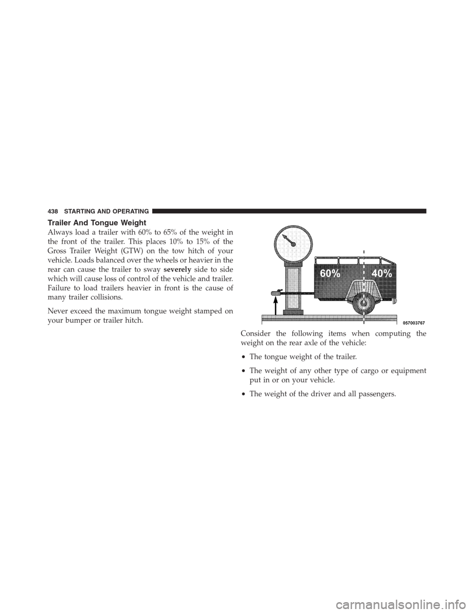 CHRYSLER 300 2012 2.G Owners Manual Trailer And Tongue Weight
Always load a trailer with 60% to 65% of the weight in
the front of the trailer. This places 10% to 15% of the
Gross Trailer Weight (GTW) on the tow hitch of your
vehicle. Lo