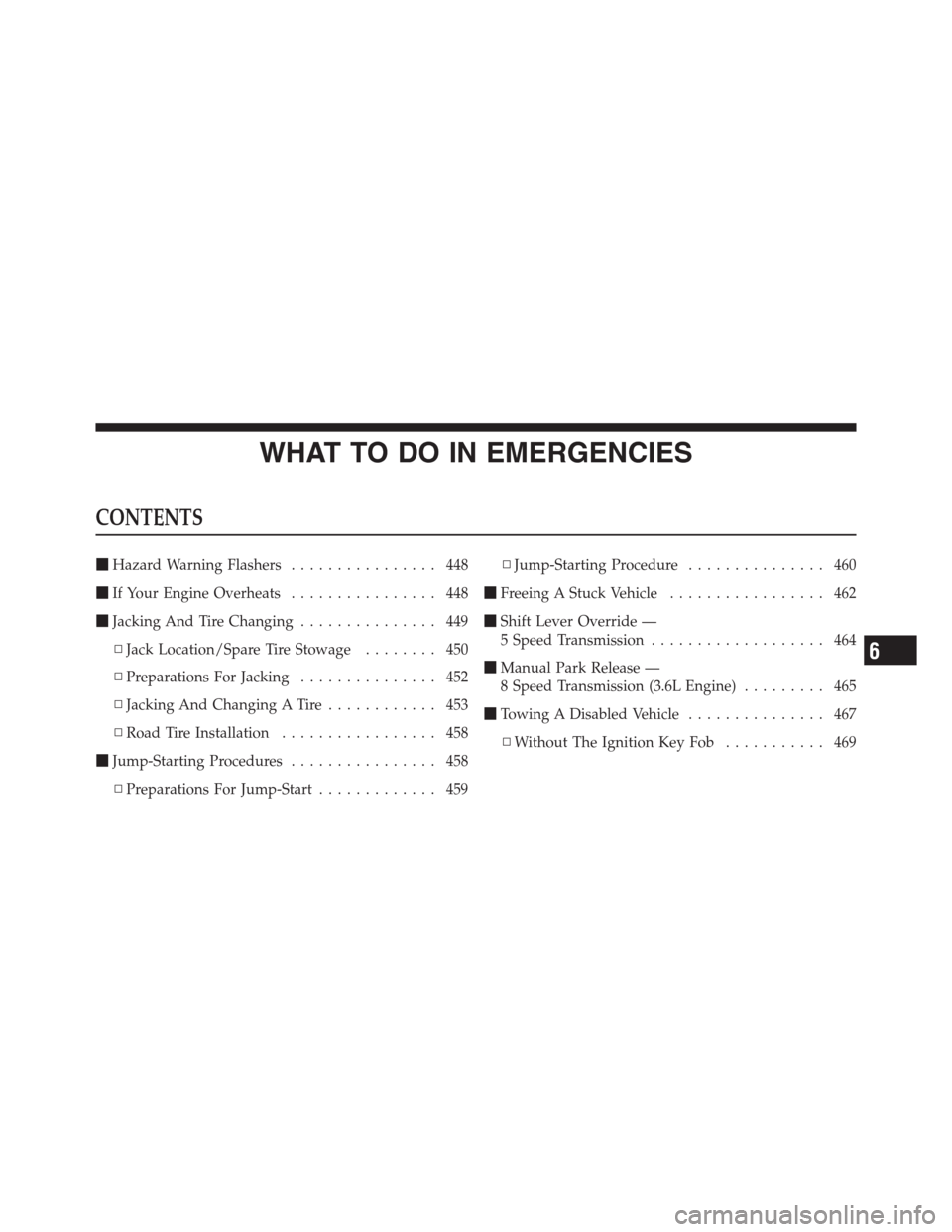 CHRYSLER 300 2012 2.G Owners Manual WHAT TO DO IN EMERGENCIES
CONTENTS
Hazard Warning Flashers................ 448
If Your Engine Overheats................ 448
Jacking And Tire Changing............... 449
▫Jack Location/Spare Tire 