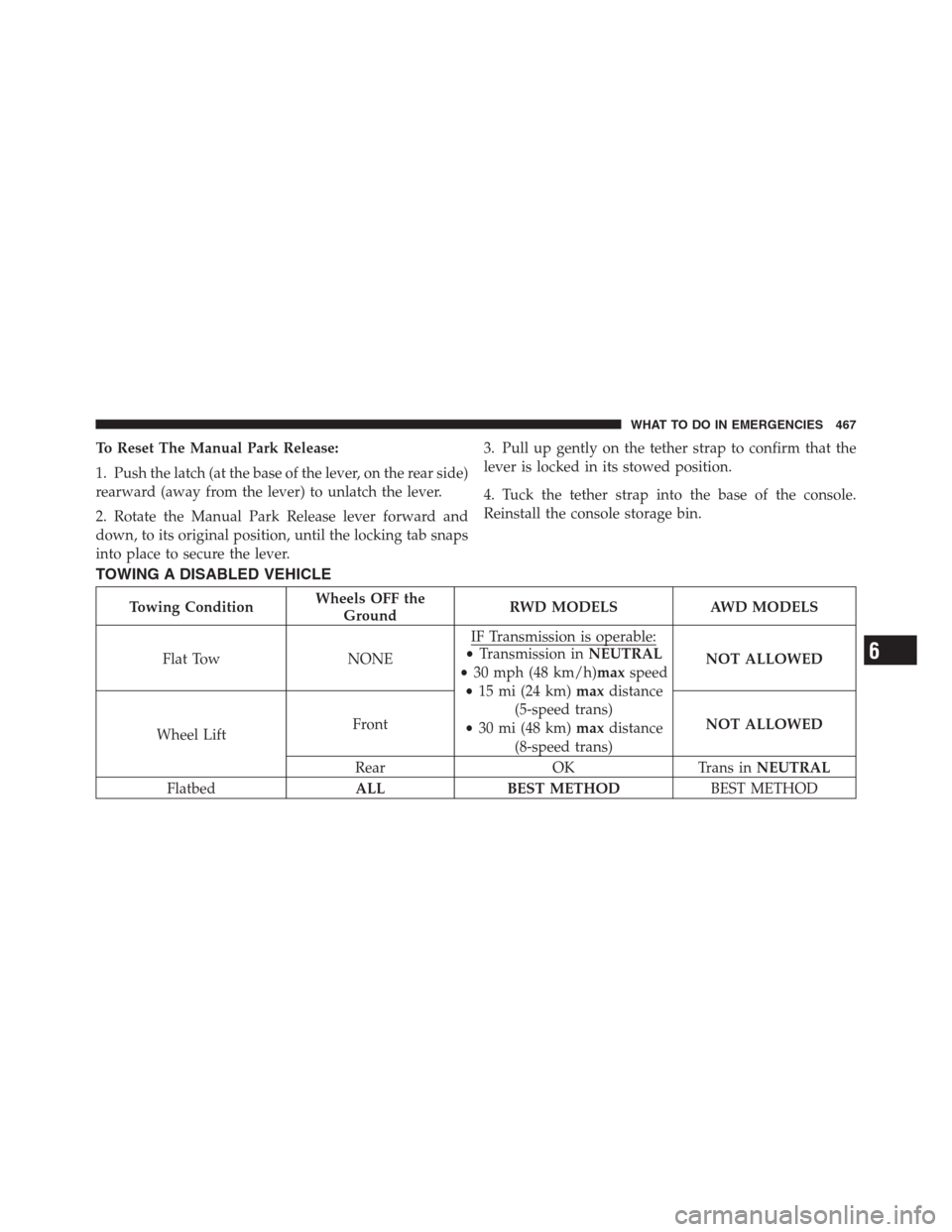 CHRYSLER 300 2012 2.G Owners Manual To Reset The Manual Park Release:
1. Push the latch (at the base of the lever, on the rear side)
rearward (away from the lever) to unlatch the lever.
2. Rotate the Manual Park Release lever forward an