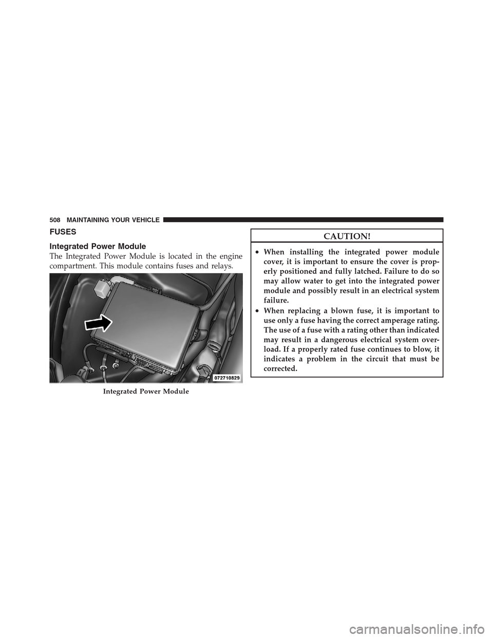 CHRYSLER 300 2012 2.G Owners Manual FUSES
Integrated Power Module
The Integrated Power Module is located in the engine
compartment. This module contains fuses and relays.
CAUTION!
•When installing the integrated power module
cover, it