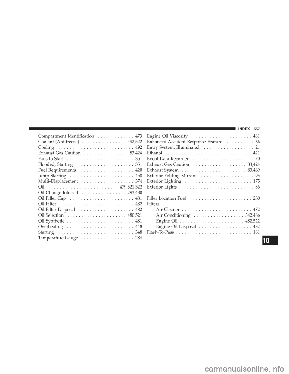 CHRYSLER 300 2012 2.G Owners Manual Compartment Identification............. 473
Coolant (Antifreeze)................492,522
Cooling........................... 492
Exhaust Gas Caution................83,424
Fails to Start.................