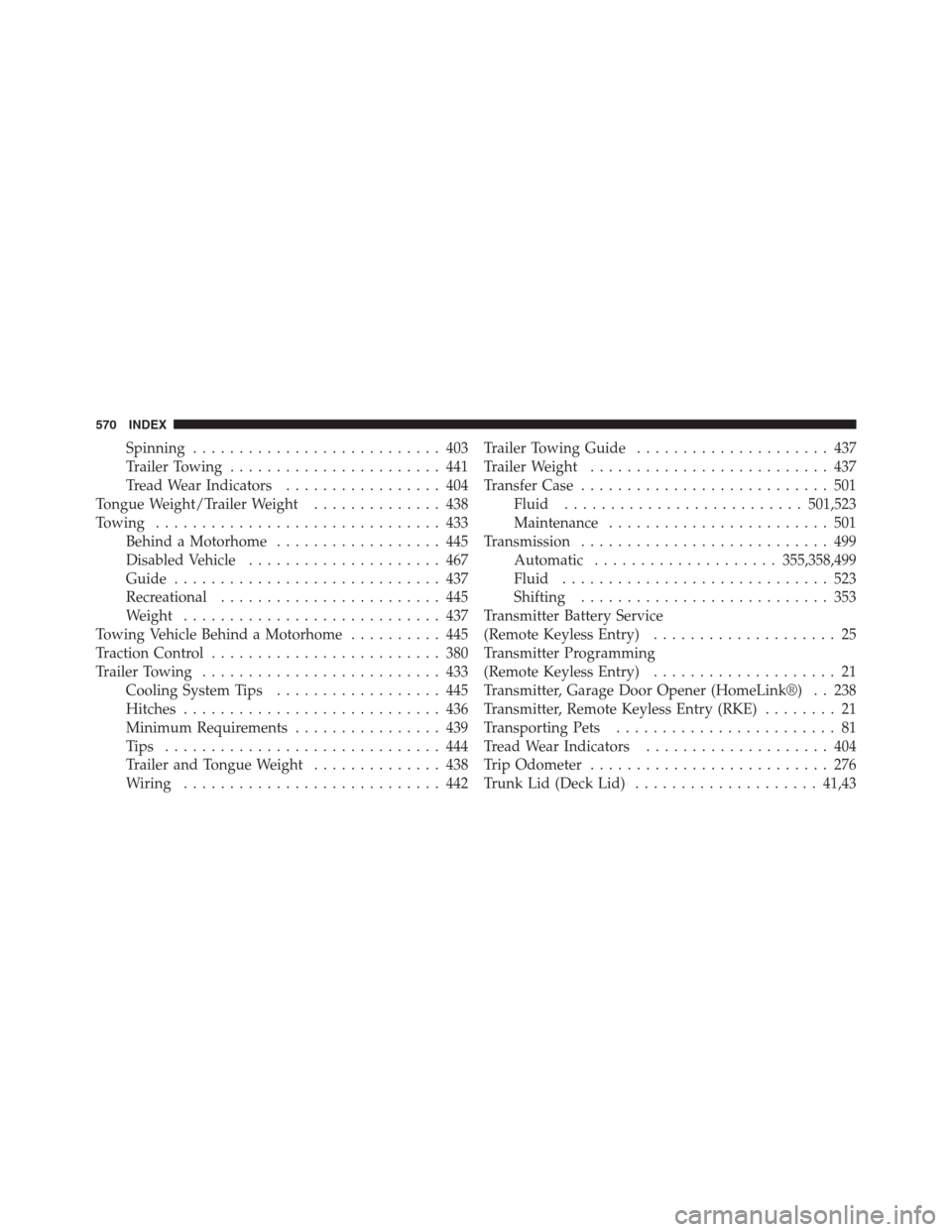 CHRYSLER 300 2012 2.G Service Manual Spinning........................... 403
Trailer Towing....................... 441
Tread Wear Indicators................. 404
Tongue Weight/Trailer Weight.............. 438
Towing......................