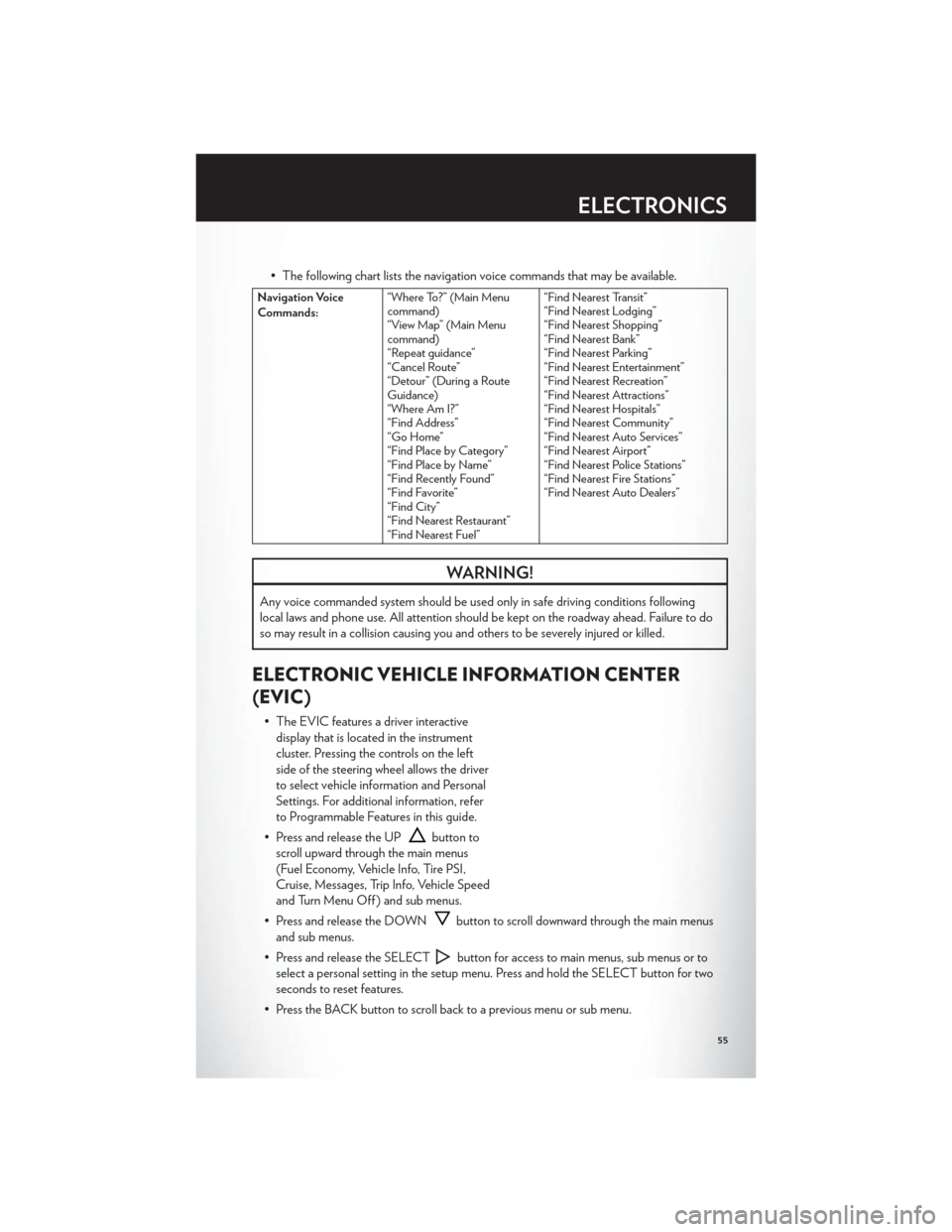 CHRYSLER 300 2012 2.G User Guide • The following chart lists the navigation voice commands that may be available.
Navigation Voice
Commands:“Where To?” (Main Menu
command)
“View Map” (Main Menu
command)
“Repeat guidance�