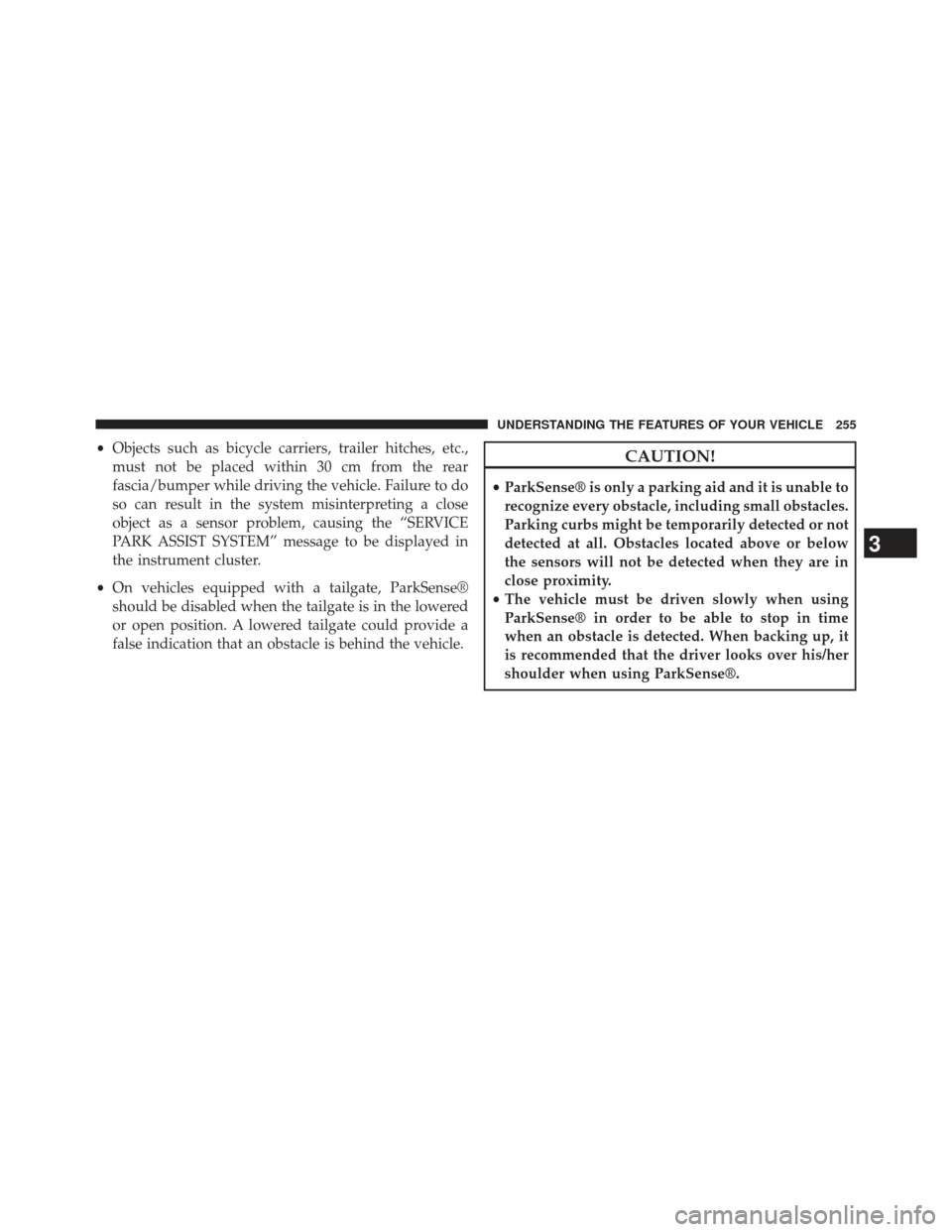 CHRYSLER 300 2013 2.G User Guide •Objects such as bicycle carriers, trailer hitches, etc.,
must not be placed within 30 cm from the rear
fascia/bumper while driving the vehicle. Failure to do
so can result in the system misinterpre