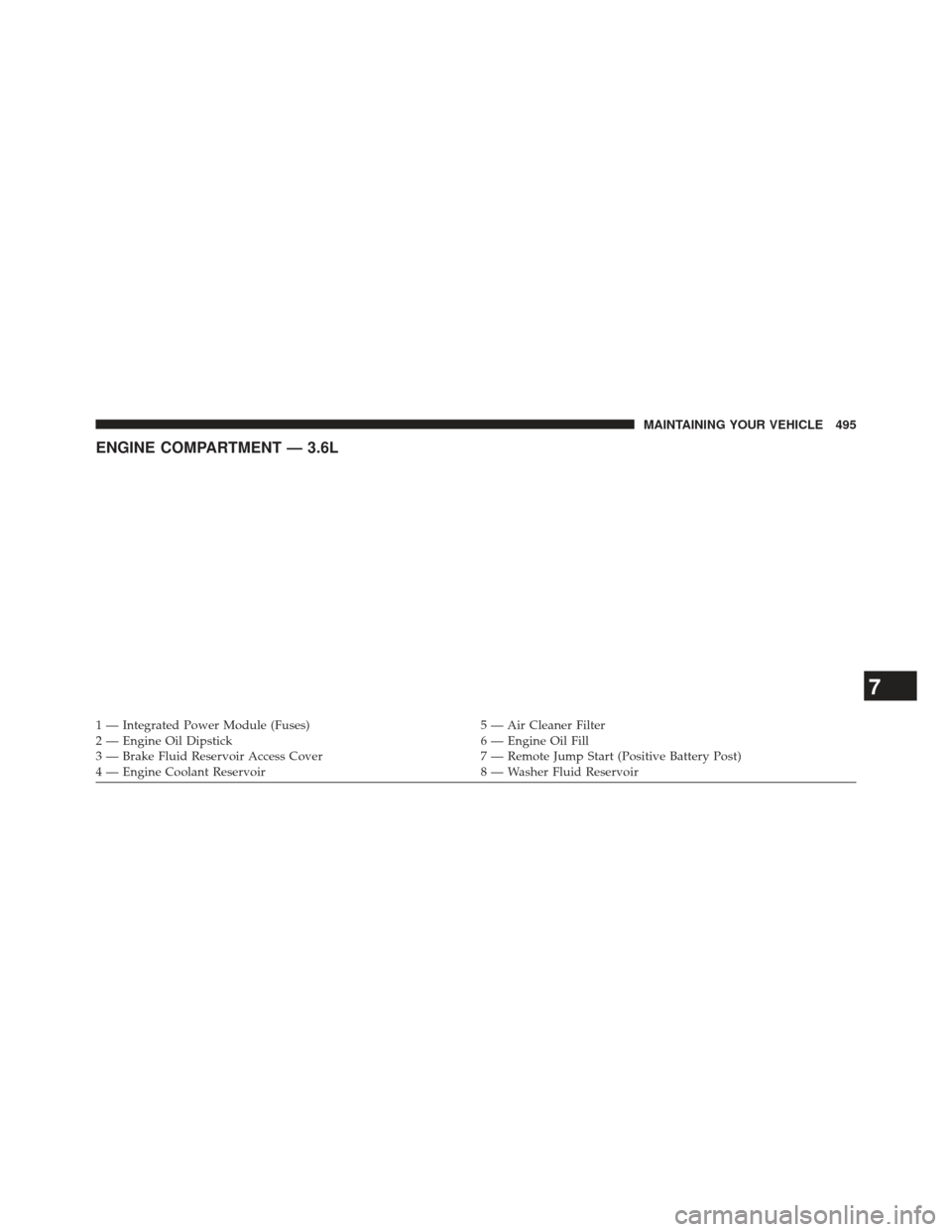CHRYSLER 300 2013 2.G Owners Manual ENGINE COMPARTMENT — 3.6L
1 — Integrated Power Module (Fuses)5 — Air Cleaner Filter
2 — Engine Oil Dipstick 6 — Engine Oil Fill
3 — Brake Fluid Reservoir Access Cover 7 — Remote Jump Sta CHRYSLER 300 2013 2.G Owners Manual ENGINE COMPARTMENT — 3.6L
1 — Integrated Power Module (Fuses)5 — Air Cleaner Filter
2 — Engine Oil Dipstick 6 — Engine Oil Fill
3 — Brake Fluid Reservoir Access Cover 7 — Remote Jump Sta