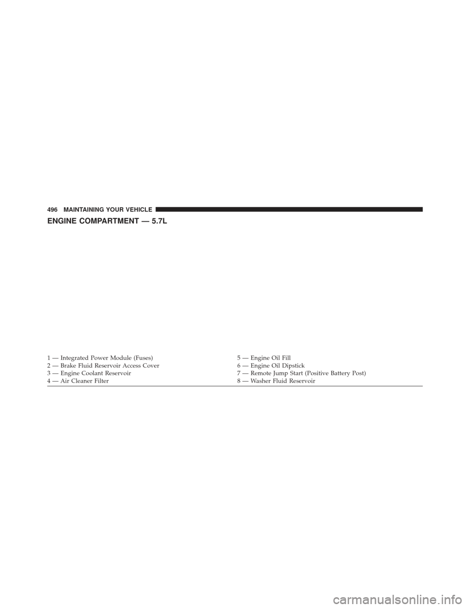 CHRYSLER 300 2013 2.G Owners Manual ENGINE COMPARTMENT — 5.7L
1 — Integrated Power Module (Fuses)5 — Engine Oil Fill
2 — Brake Fluid Reservoir Access Cover 6 — Engine Oil Dipstick
3 — Engine Coolant Reservoir 7 — Remote Ju CHRYSLER 300 2013 2.G Owners Manual ENGINE COMPARTMENT — 5.7L
1 — Integrated Power Module (Fuses)5 — Engine Oil Fill
2 — Brake Fluid Reservoir Access Cover 6 — Engine Oil Dipstick
3 — Engine Coolant Reservoir 7 — Remote Ju