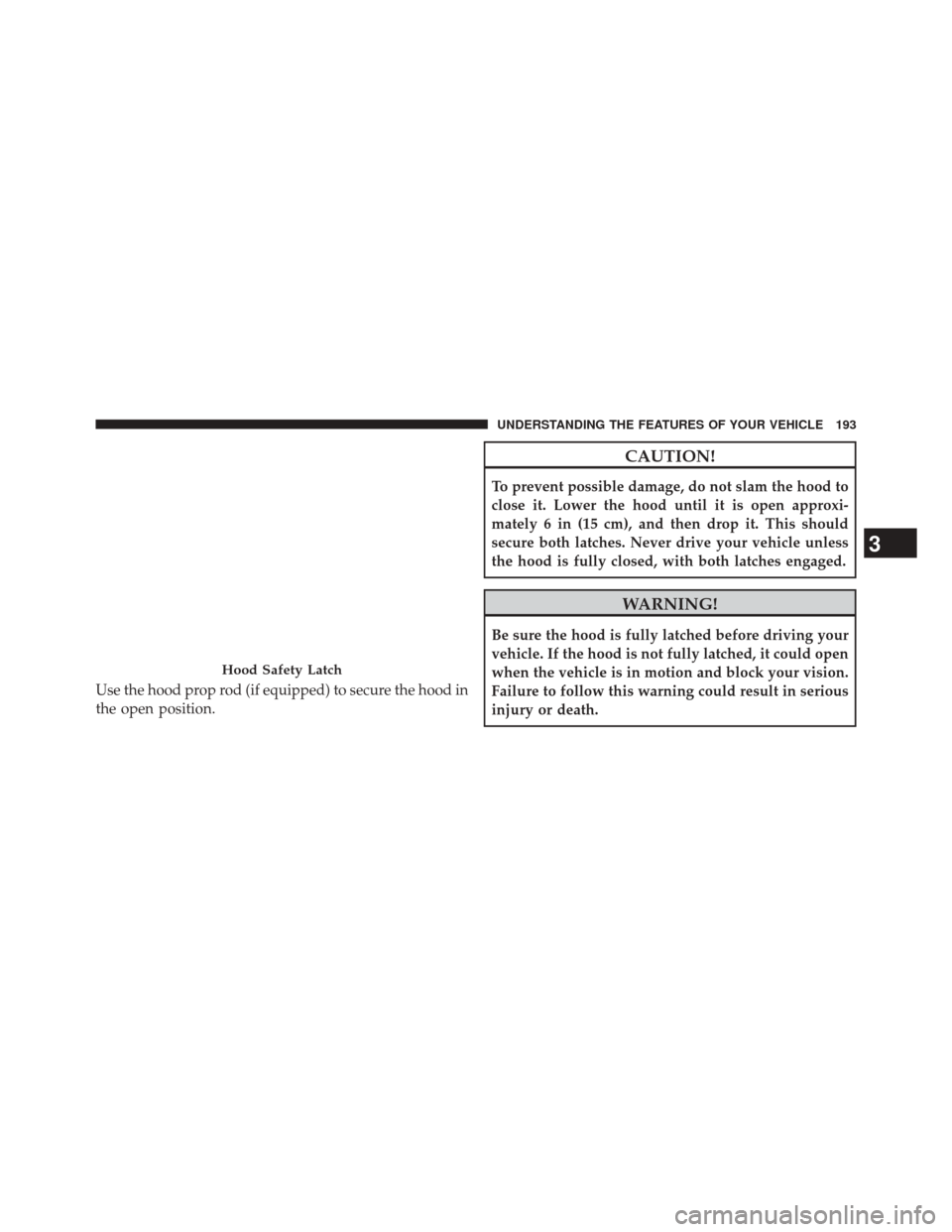 CHRYSLER 300 2014 2.G Owners Manual Use the hood prop rod (if equipped) to secure the hood in
the open position.
CAUTION!
To prevent possible damage, do not slam the hood to
close it. Lower the hood until it is open approxi-
mately 6 in