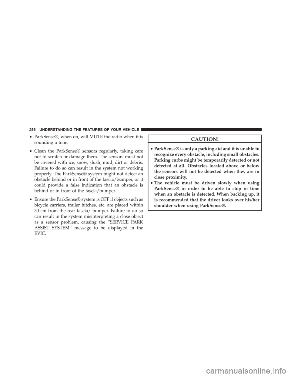 CHRYSLER 300 2014 2.G Owners Manual •ParkSense®, when on, will MUTE the radio when it is
sounding a tone.
• Clean the ParkSense® sensors regularly, taking care
not to scratch or damage them. The sensors must not
be covered with ic CHRYSLER 300 2014 2.G Owners Manual •ParkSense®, when on, will MUTE the radio when it is
sounding a tone.
• Clean the ParkSense® sensors regularly, taking care
not to scratch or damage them. The sensors must not
be covered with ic